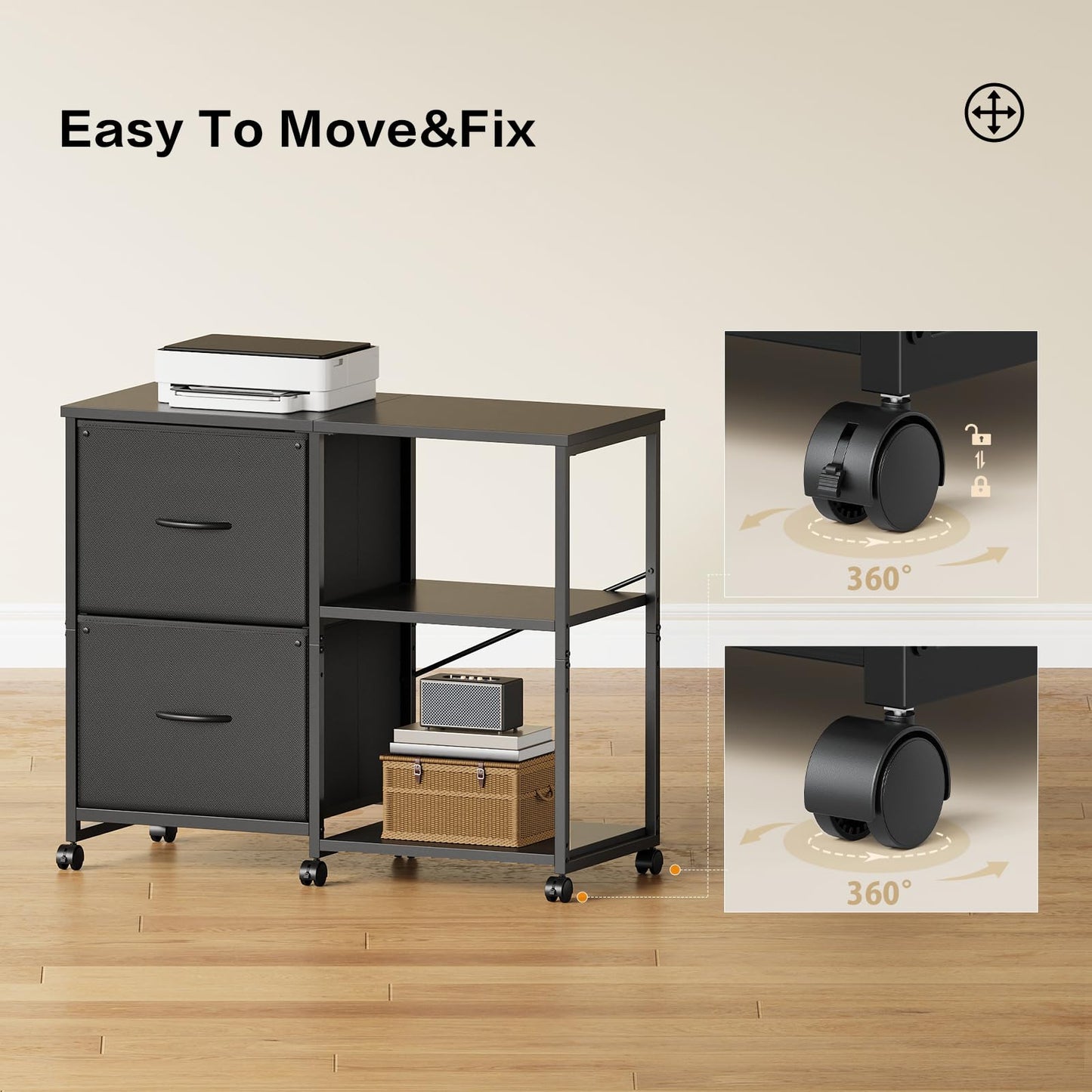 YeTom Fabric Lateral File Cabinet with Wheels, Rolling Printer Stand with Open Storage Shelf for Home Office, Black