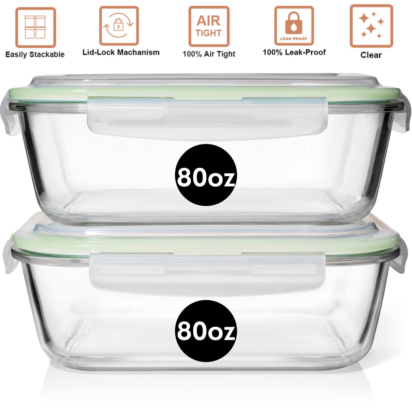 Razab 10 Cups/ 80 Oz 2 Pack Large Glass Container Food Storage with Lids - Leakproof, BPA-Free Large Meal Prep Container Ideal for Roasting Turkey, Store Leftover - Microwave & Oven Safe
