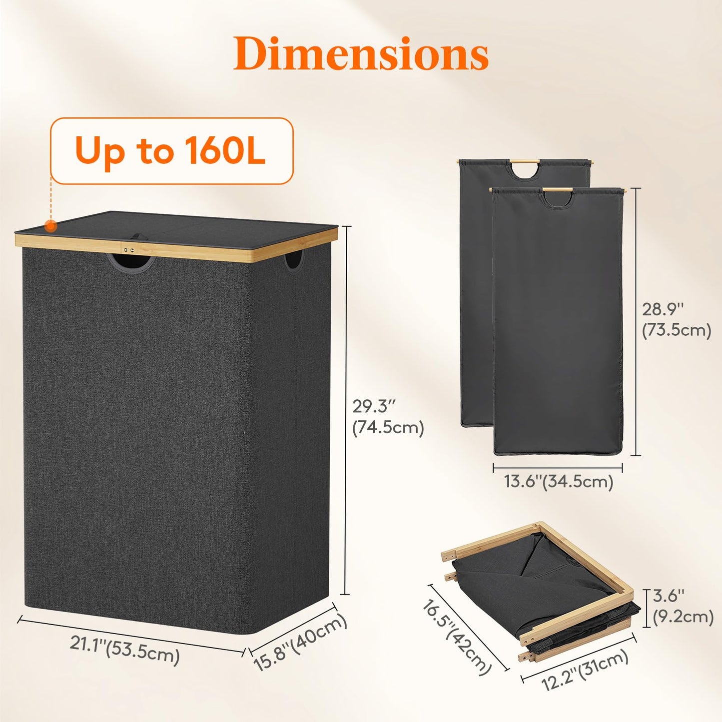 Lifewit 160L Double Laundry Hamper with Lid, Extra Large Bamboo Laundry Basket Dirty Clothes Hamper, 2 Section Laundry Bin Organizer for Laundry Room Bedroom with 2 Removable Liners & Bags, Dark Black