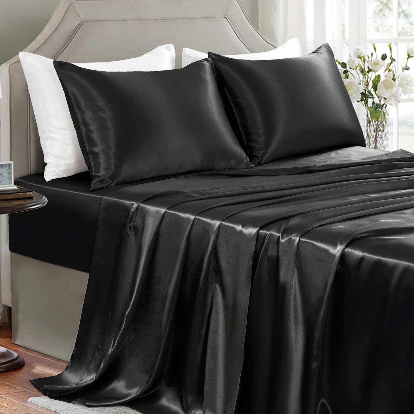 GOLAL Satin Sheets Queen Size - 4 Pieces Luxury Silky Soft Bed Sheets, Wrinkle-Free Black Satin Silk Sheet Set with 1 Deep Pocket Fitted Sheet, 1 Flat Sheet, 2 Pillow Cases