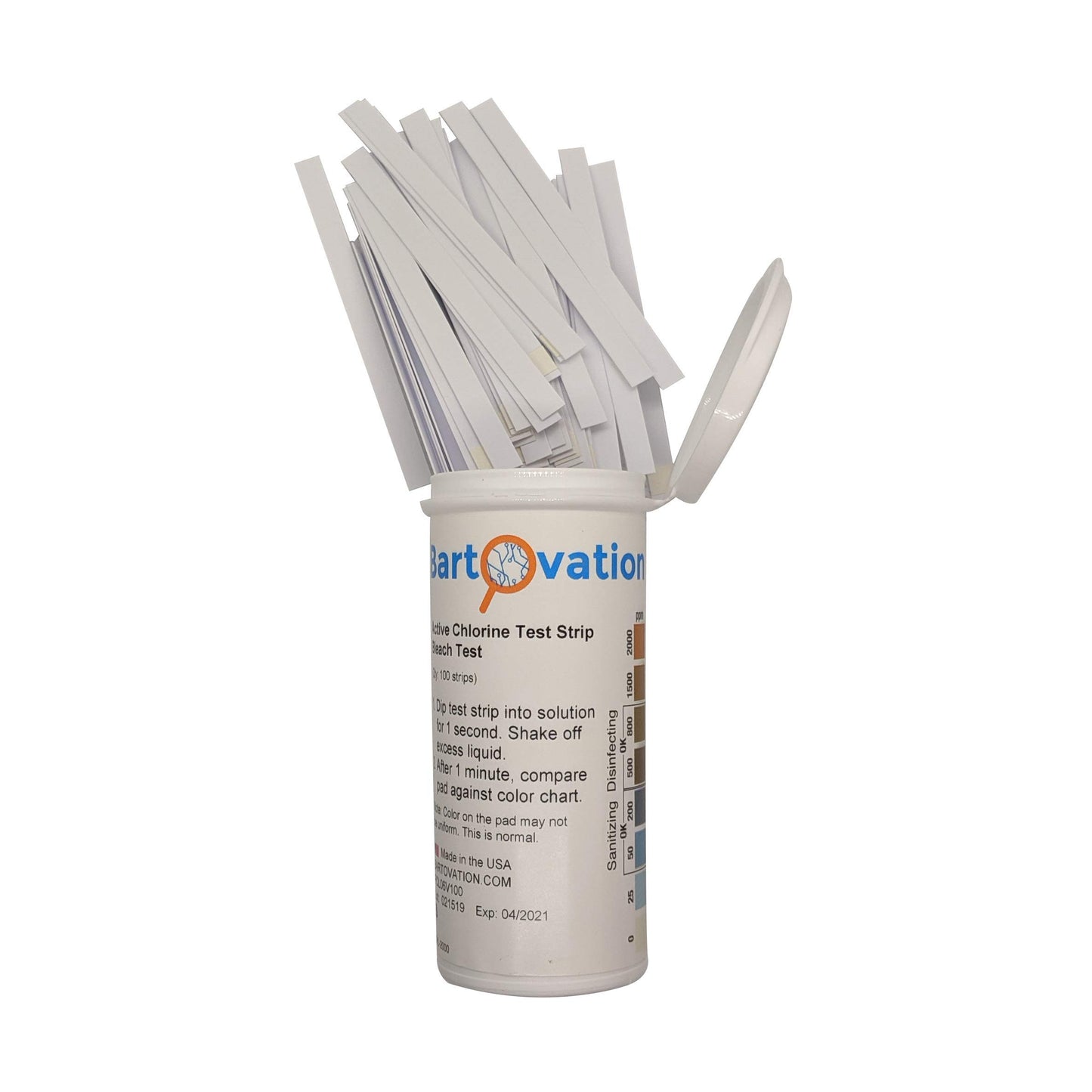 Active Chlorine/Bleach Test Strips, 0-2000 ppm, Designed for Daycares and Senior Homes for Sanitizing and Disinfecting [Vial of 100 Strips]