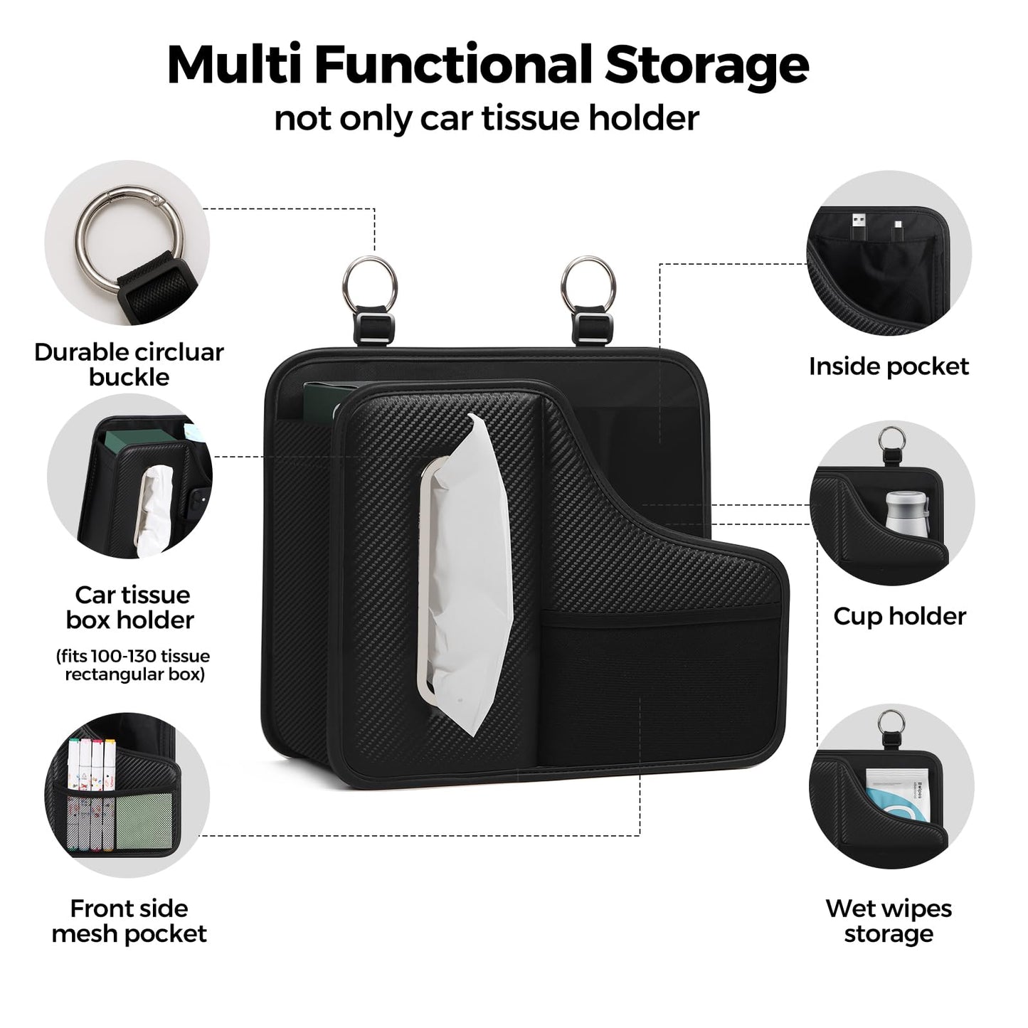 KZBHHP Car Tissue Holder,Back Seat Organizer with Cup Holder,Multifunctional Car Headrest Seat Back Storage,Snack Organizers for Kids,Large Tissue Box Cover Fit for 100-130 Regular Size Tissues