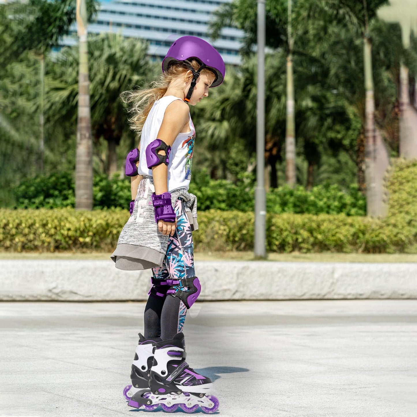 Adjustable Kids Inline Skates for Girls Boys Children Beginners, Black & Purple Inline Skates with Light Up Wheels for Kids and Youth for Sports (Medium)