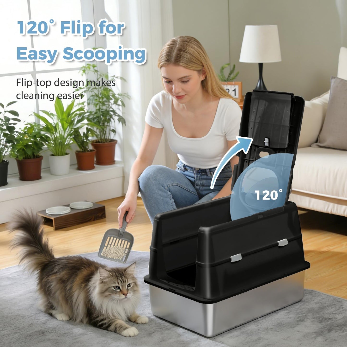 PAWZ Road Stainless Steel Cat Litter Box, Large Enclosed Litter Box with Front & Top Entry, Non-Sticky Metal Bottom with High Sides and Scoop, Easy to Clean, Anti-Leakage for Large Cats,Black