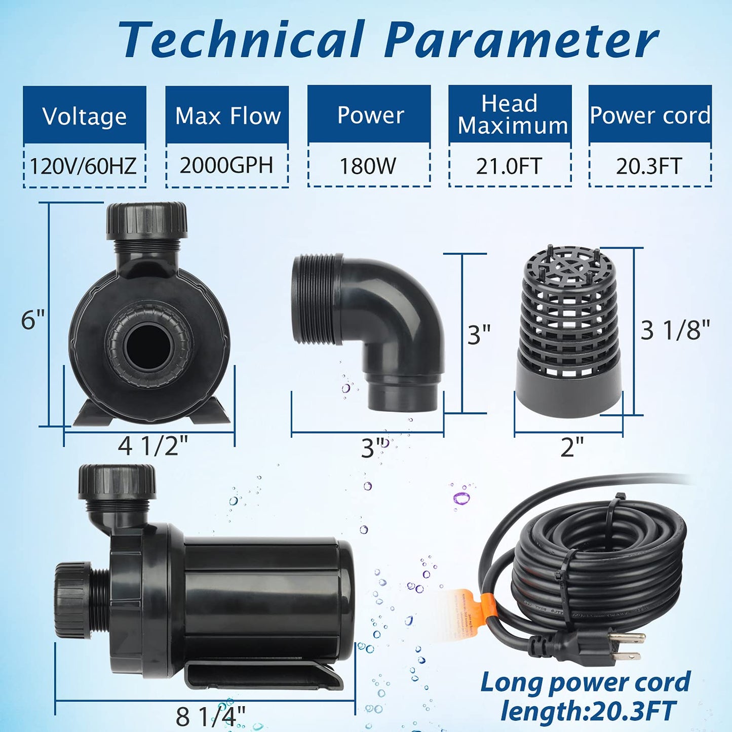 WaterRebirth (2000GPH-180W,UL listed)PS-High Flow Submersible Water Pump-Home / Inline Water Pump-Submersible Pump-Water Fountain Pump-Aquarium Pump,PC-2000