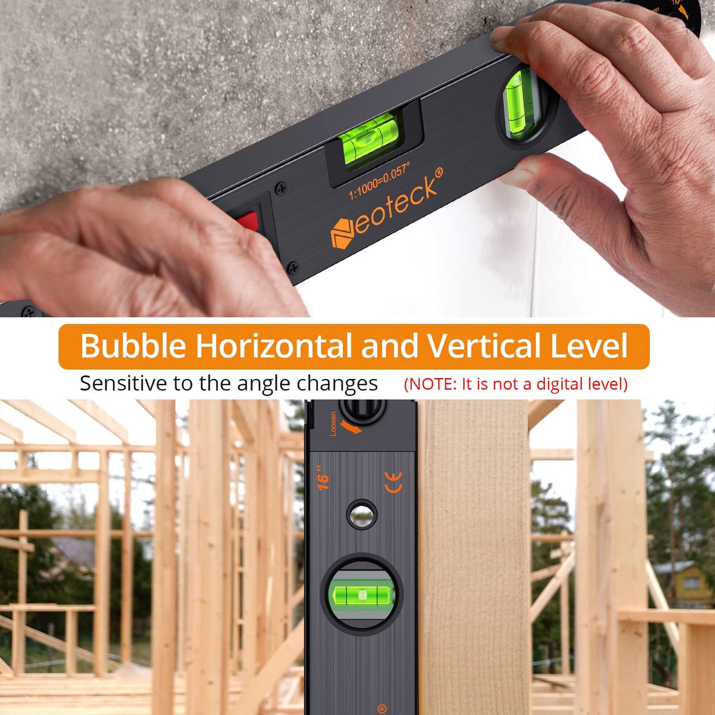 Neoteck Aluminum Angle Finder 225° 16 inch Digital Protractor Angle Ruler LCD Backlight Digital Angle Measuring Tool with Horizontal&Vertical Bubble for Woodworking Construction DIY