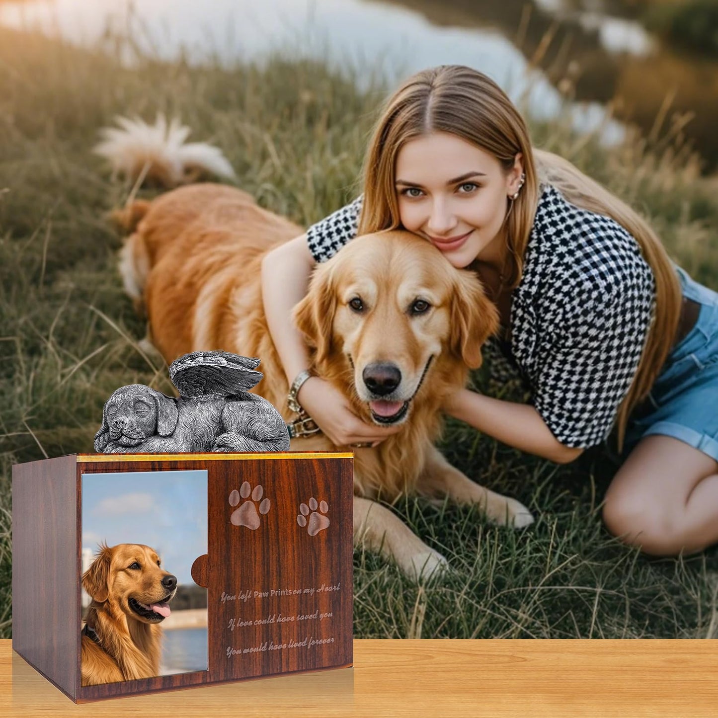 Cityjoy Dog Urn for Ashes, Large Wooden Texture Acrylic Memorial Urn with Angel Dog Statue, Pet Urns for Dogs Ashes Keepsake Box, Sympathy Remembrance Gift for Loss of Beloved Pet Urns for Dogs