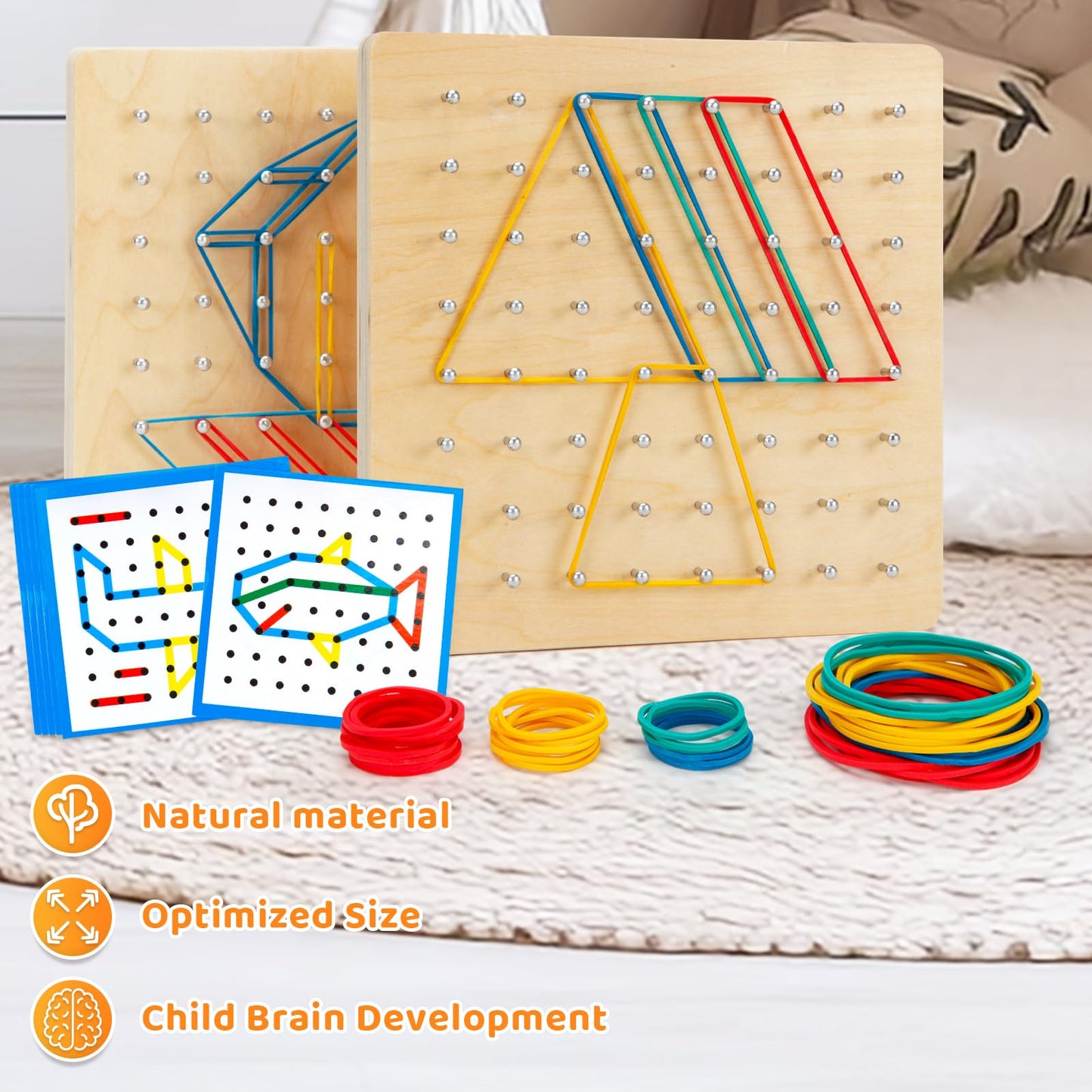 HEELWIRE 2Pack Wooden Geoboard,Montessori Toy,Graphical Mathematical Education Toy for Kids with Pattern Cards and Rubber Bands to Figures and Shapes, Brain Teaser STEM Toy Geo Board.