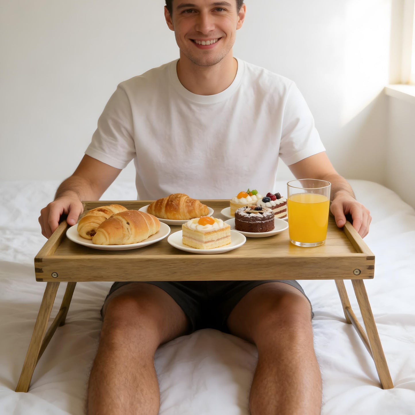 VaeFae Acacia Bed Table Tray, Wooden Breakfast Tray with Folding Legs, Bed Tray for Eating and Laptop, Eating Trays for Bedroom (Extra Large Size)