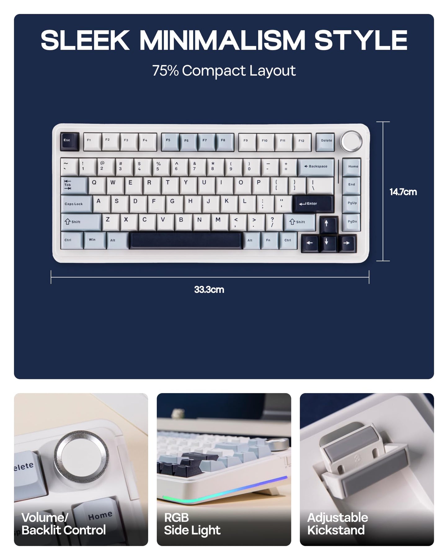 EPOMAKER EA75 75% RGB Gaming Mechanical Keyboard, 2.4GHz/Type-C/BT Creamy Wireless Keyboard with Knob, Shine Through PBT Keycaps, Hot Swappable for Gamers (Light Blue, Graywood V3 Switch)