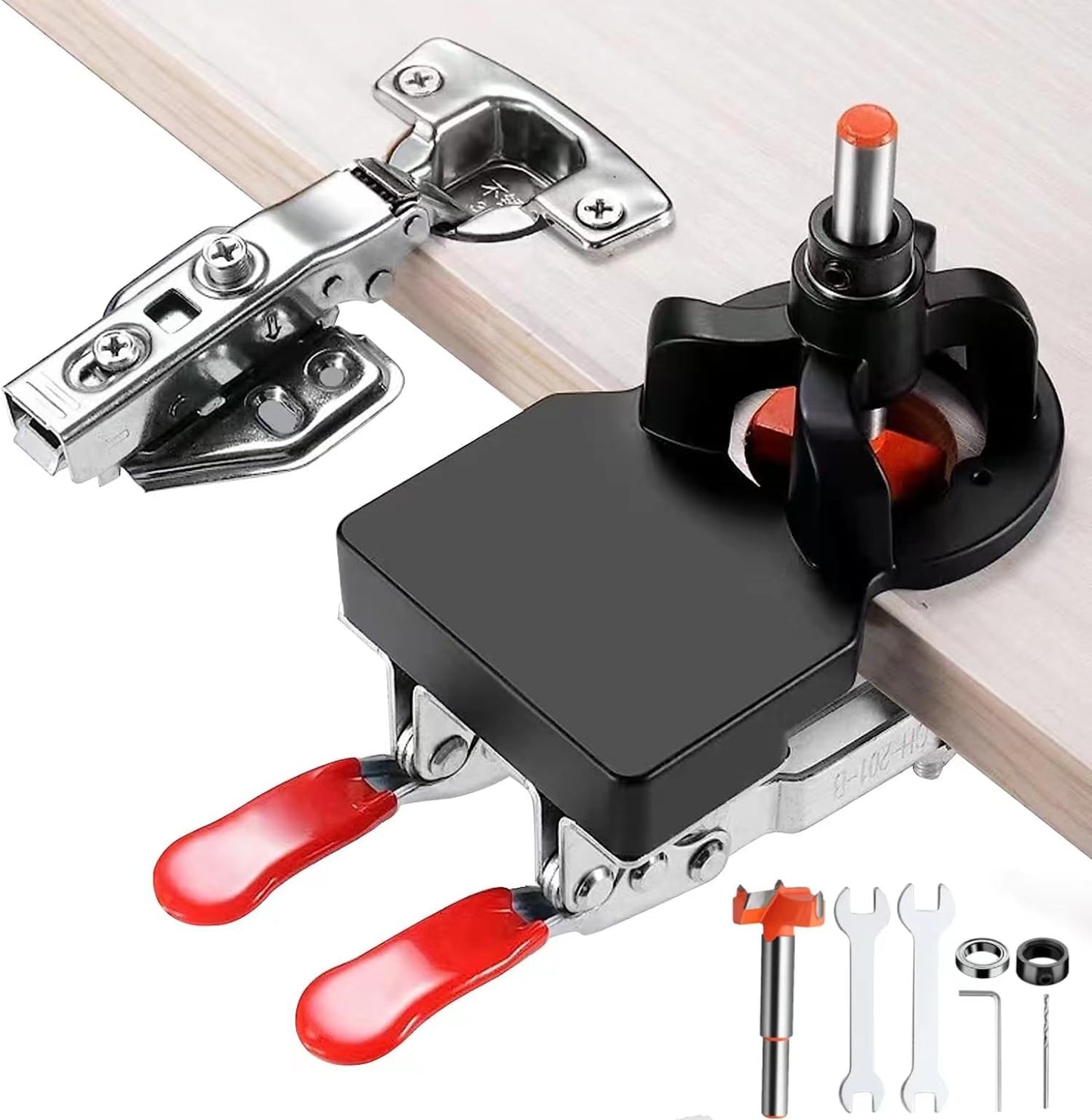 35 mm Concealed Door Hinge Jig, Aluminum Alloy Cabinet Hinge Jig with 2 Retaining Clips, Accurate Clamp Hinge Drill Jig with Accessories, Woodworking Tool for Doors Cabinets Hinges Mounting