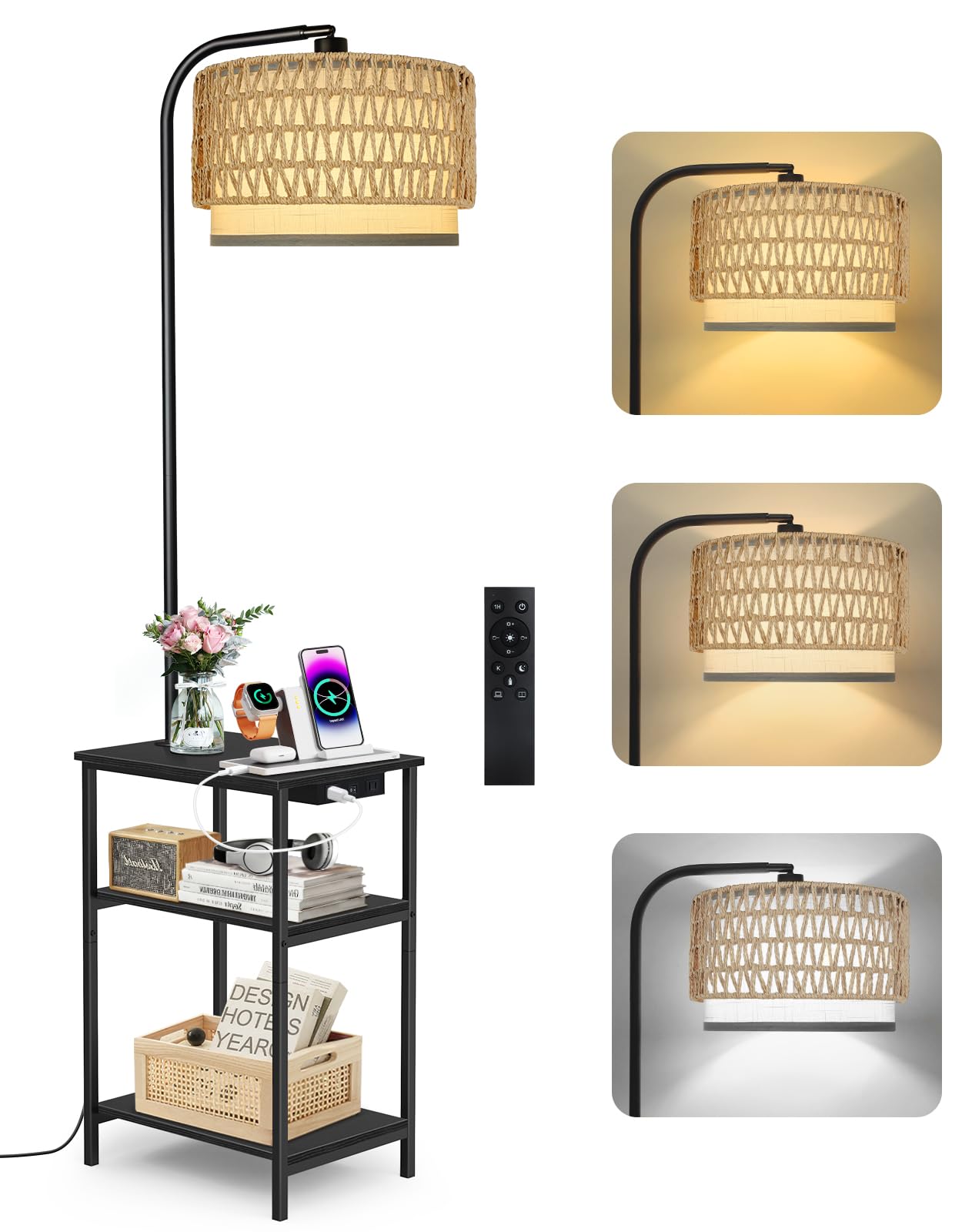 OUTONLIFE Floor Lamp with Table & Rattan Shade, Side End Table with Charging Station, Dimmable Nightstand with 3 Color Temperatures, 1-Hour Timer, 12W LED Bulb, for Living Room, Bedroom(Black)