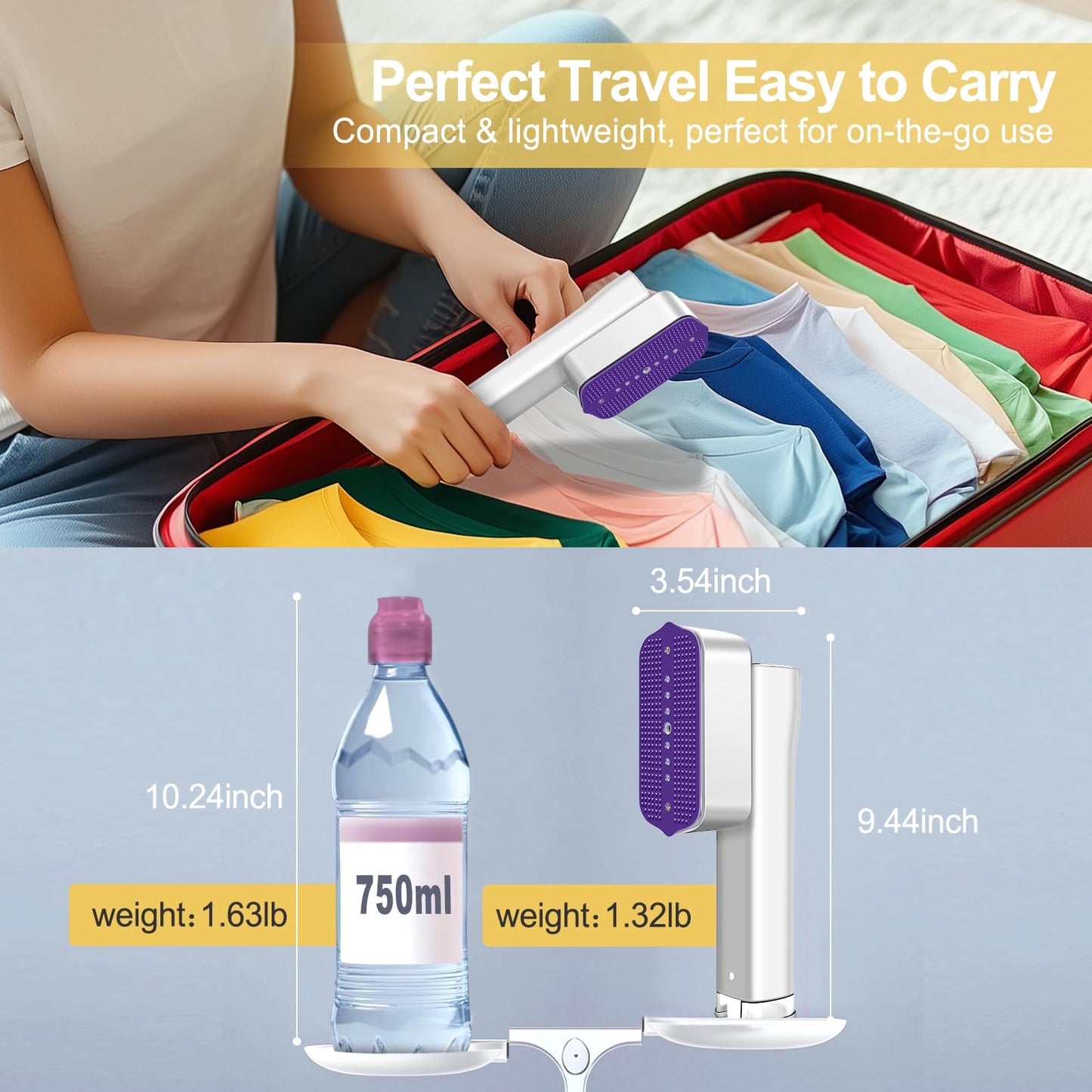 Travel Steamer for Clothes Handheld: 2-in-1 Portable Clothing Garment Steamer and Iron Fast Heat-up & 3 Levels of Steam Hand Held Mini Steamer for thick Fabric Only 1.3lbs for Travel ＆ Home (White)