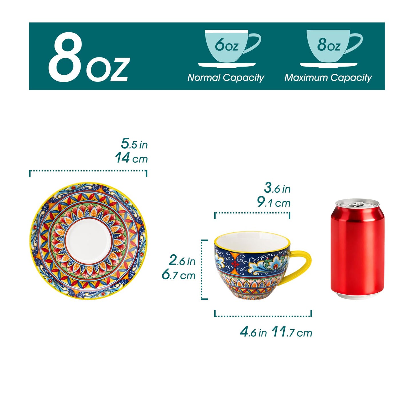 vancasso 8 oz Cappuccino Cups with Saucers Set of 6, Bohemian Ceramic Coffee Cup for Latte, Espresso, Microwave & Dishwasher Safe - Porcelain Latte Mugs for Cafe
