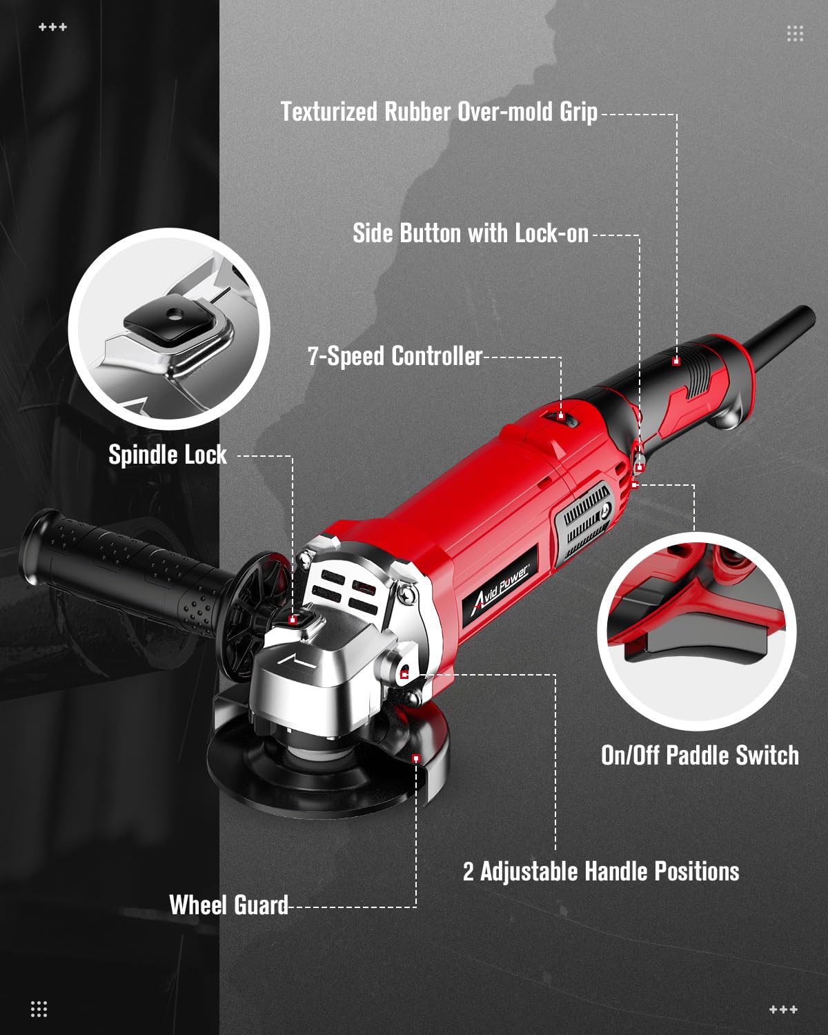 AVID POWER Angle Grinder 4-1/2 Inch 8.0 Amp 1000W Electric Grinder Tool 7-Variable-Speed Metal Grinder, 11,500 RPM, Paddle Switch with Lock-on Button, Cutting & Grinding Wheels and Side Handle