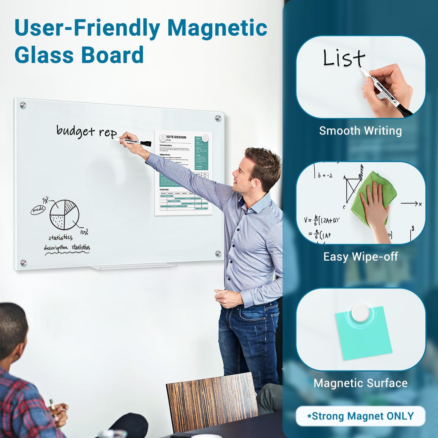 QUEENLINK Magnetic Glass Whiteboard, 24"X18" Dry Erase Board for Wall, Large Frameless Glass White Board with 1 Marker Tray and 6 Magnets for Office, Home, Classroom