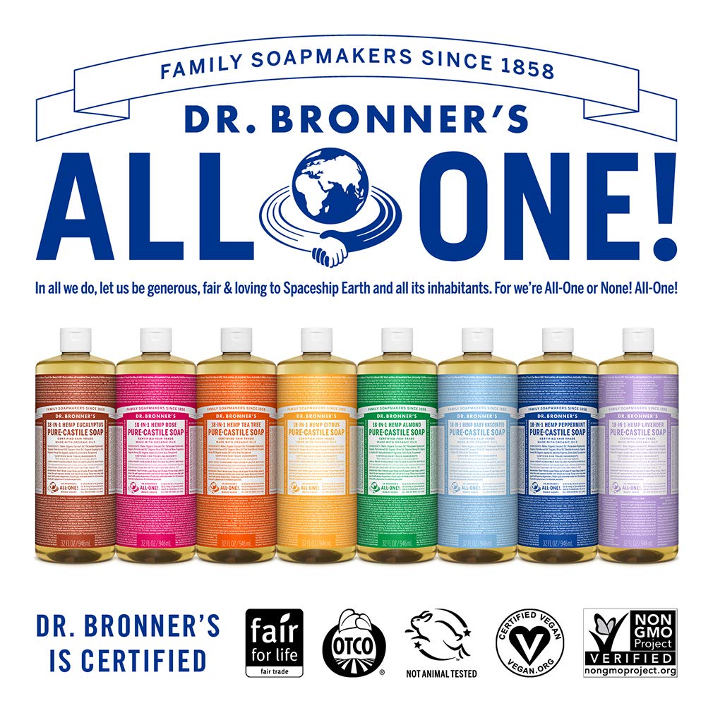 Dr. Bronner’s Pure-Castile Liquid Soap – Tea Tree Bundle. 946 mL Bottle and 59 mL Travel Bottle