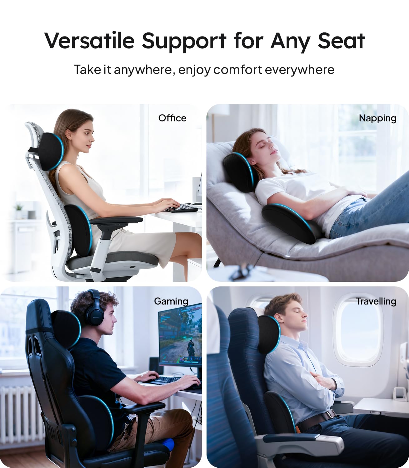 Wigoo 2025 Car Neck Pillow and Lumbar Support Pillow for Car Kit [Ergonomic Design, Pressure Relief] Soft Car Headrest Pillow Back Cushion with Adjustable Strap, Fits All Vehicles (Black)