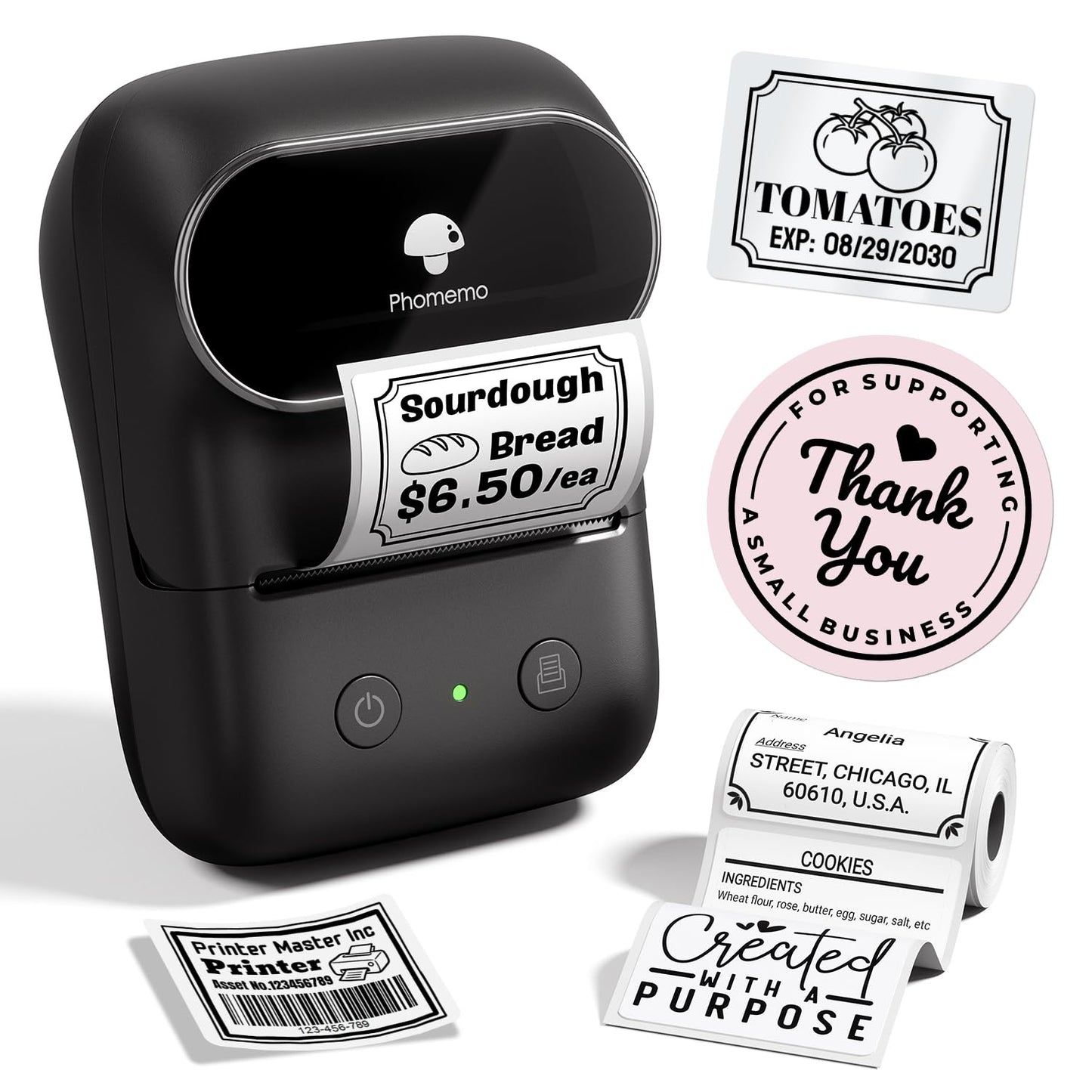 Phomemo M108 Label Maker Machine, Thermal Label Printer, Mini Size and Widely Used for Office, Home, School, Business, Came with 1 Roll White Labels
