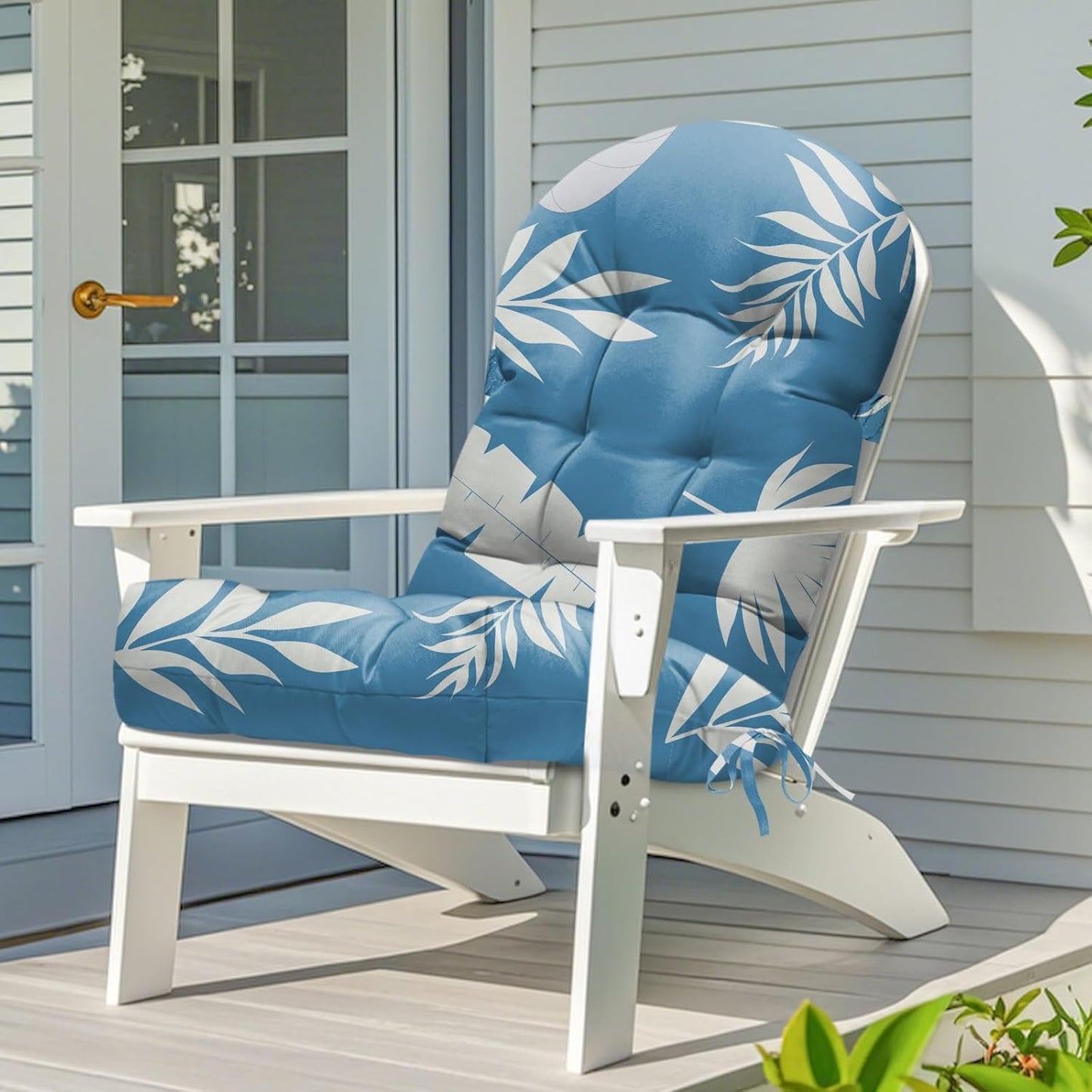 Waterproof Adirondack Chair Cushion, Thickened Adirondack Rocking Chair Cushion，Indoor Outdoor Rocking Chair Cushions High Back Patio Chair Cushions with Ties，43x19x4 Inches, Blue Leaf