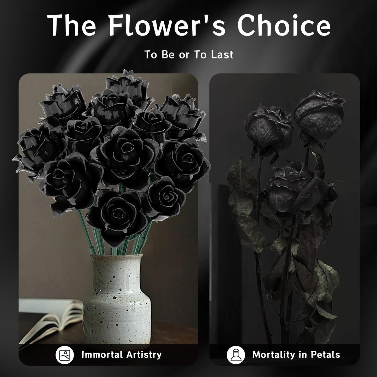 Black Roses Bouquet Building Set, Artificial Flowers Botanical Collection Building Block for Adults, Gothic Decor for Women, Girls, Compatible with Lego Flowers, 11009 (585PCS)