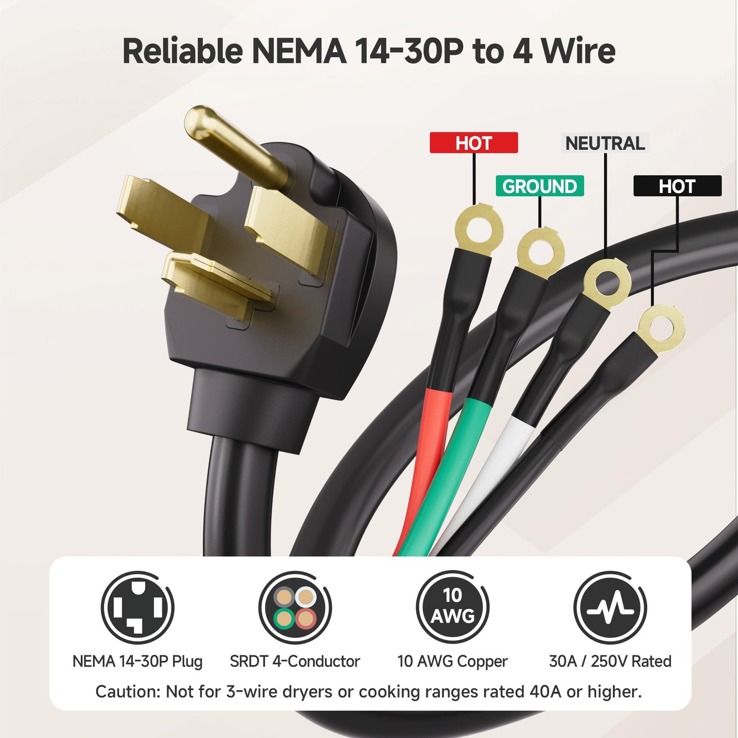 Cable Matters 4 Prong Dryer Cord 10 ft (30 AMP Appliance Power Cord with Dryer Plug, Dryer Power Cord) - 10 Feet (NEMA 14-30P to 4-Wire)
