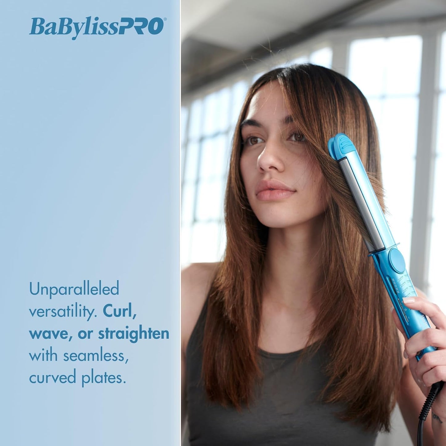 BaBylissPRO Nano Titanium and Ceramic U Style Dual Voltage Flat Iron with Unique Curved Side Plates for flips, waves and curls