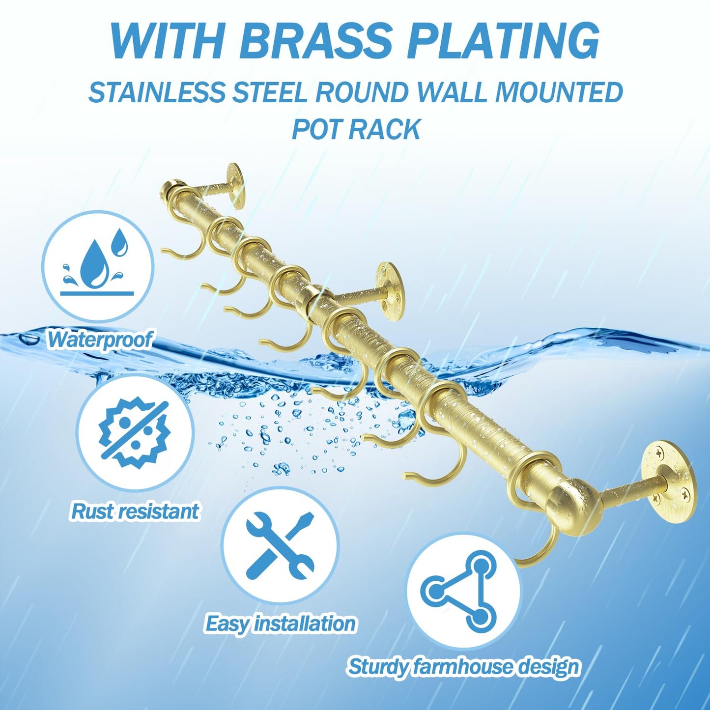 ROTHLEY Brass Pot Rail 23.7 Inch Stainless Steel Pot Rack hanging Wall Mounted Kitchen Rail with S Hooks Utensil Bar Mug Wall Hanger Pots and Pans Hanger Rack Pot Hangers for Kitchen Pan Holder