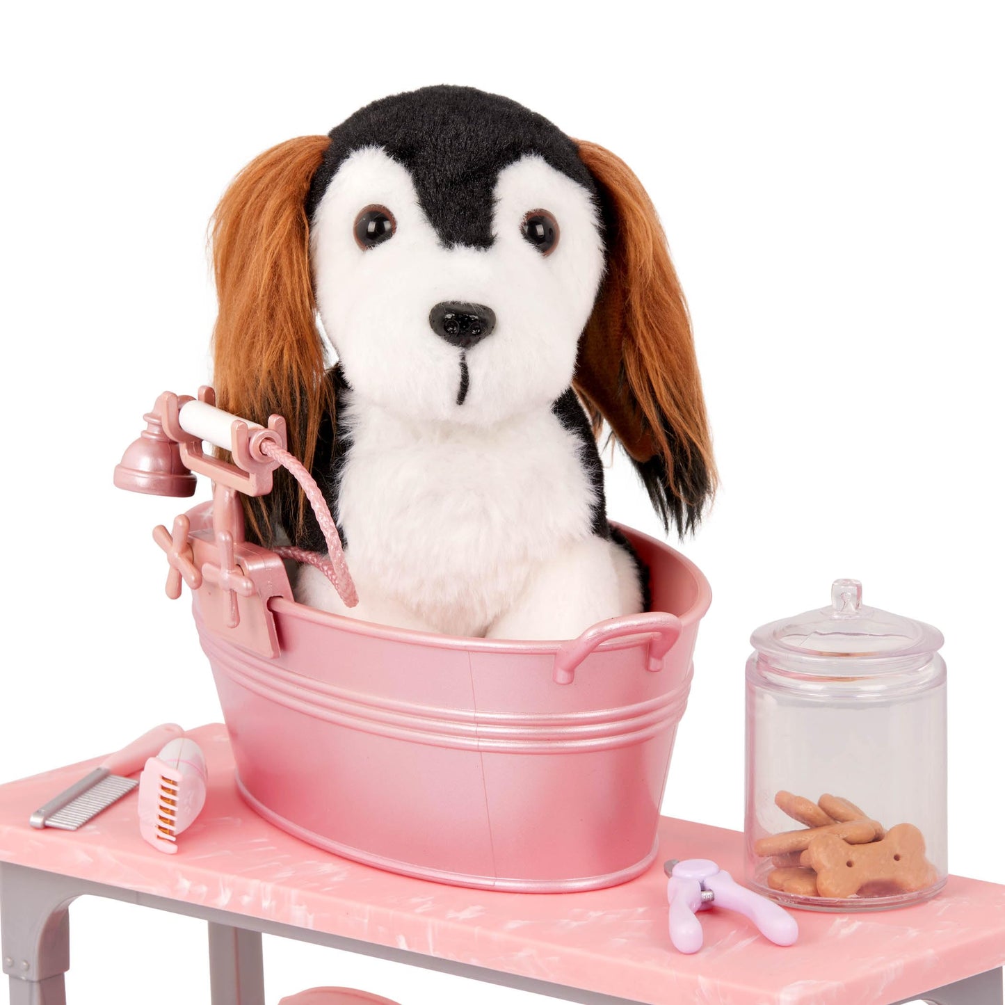 Our Generation – 18-inch Doll Accessories – Bathtub & Pet Care Toys – Salon Table, Apron & Hair Dryer – Pretend Play – Kids Ages 3 Years & Older – Scrub & Style Pet Grooming Set