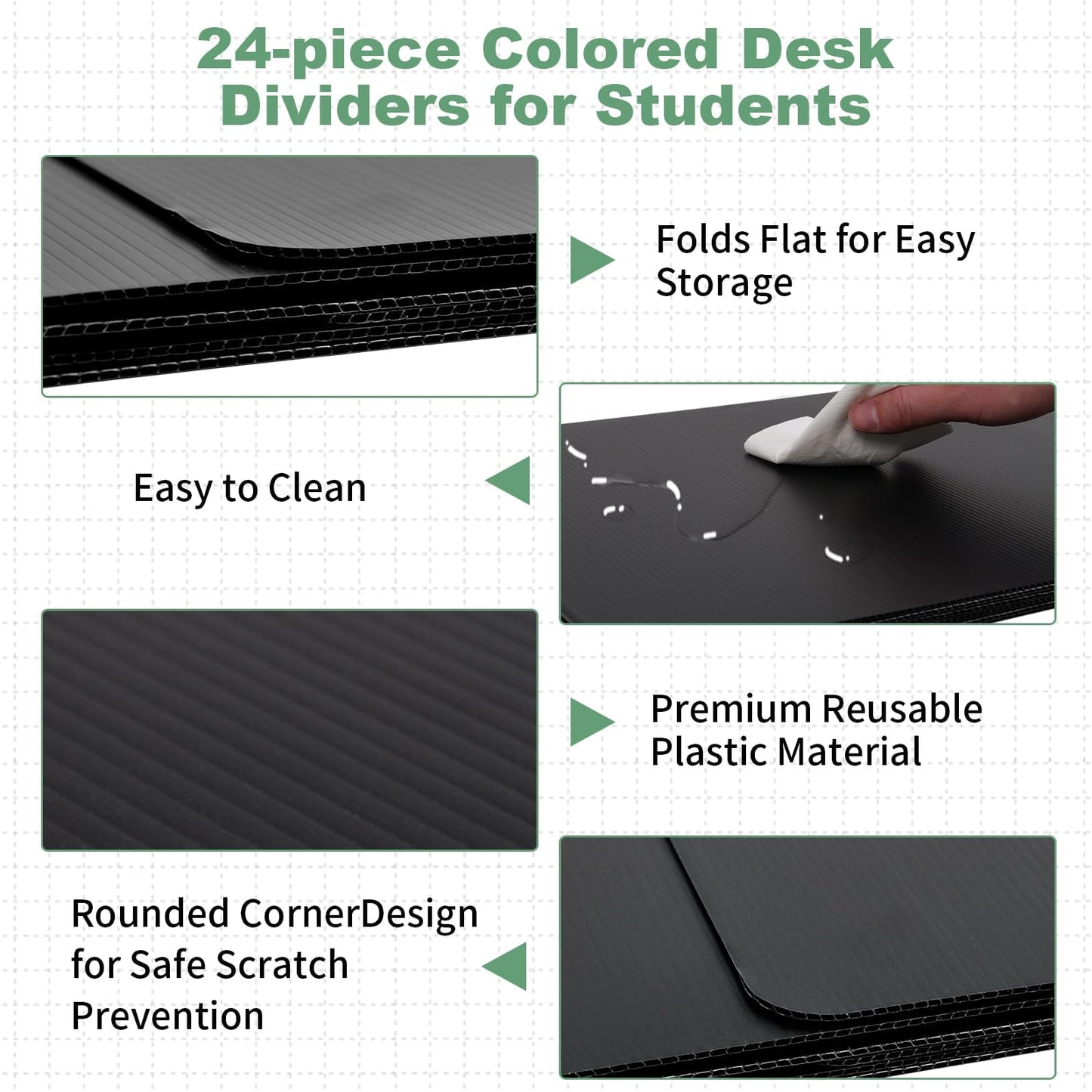 Noliven 24 PCS Student Desk Dividers, Durable and Waterproof Plastic Study Board, Privacy Shields Folders with Sticker Labels, Easy to Clean, for Test, Study, Home, Black
