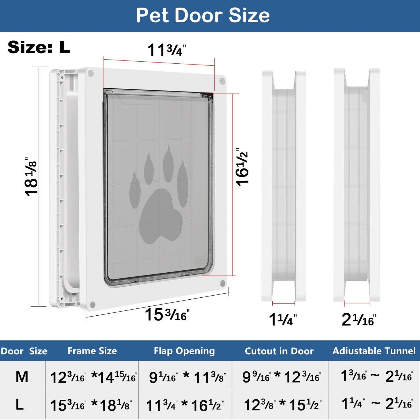 CEESC Large Dog Door for Pets Up to 100 lb, Weatherproof Pet Door for Cats and Dogs, Durable, Snap-in Closing Panel Included, Suitable for Interior and Exterior Doors (Large, White)