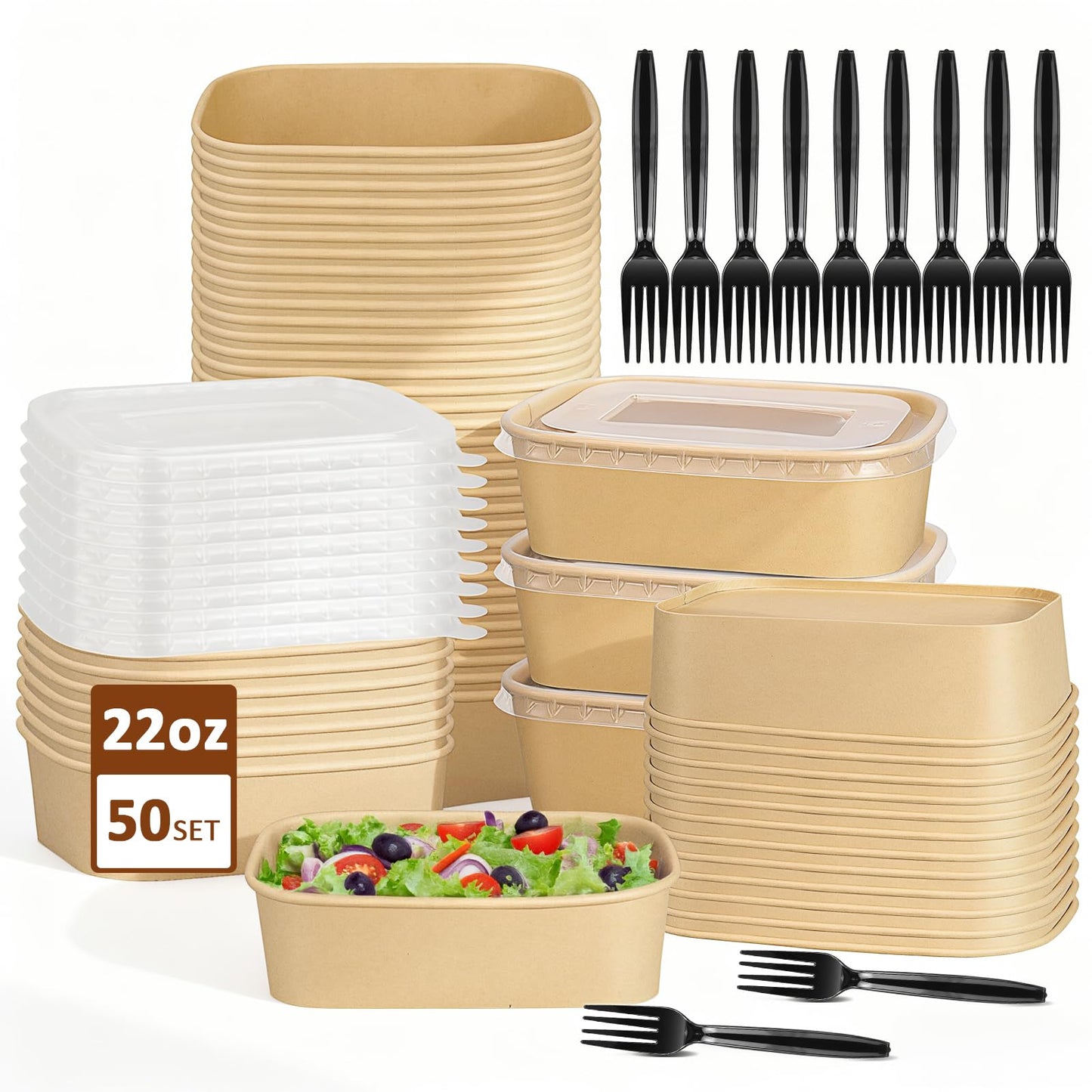 50 Set Kraft Paper Meal Prep Containers with Lids and Forks, 22oz Disposable Salad Bowls, Leakproof Takeout Food Boxes for Lunch Picnic Catering Party, Microwave & Freezer Safe