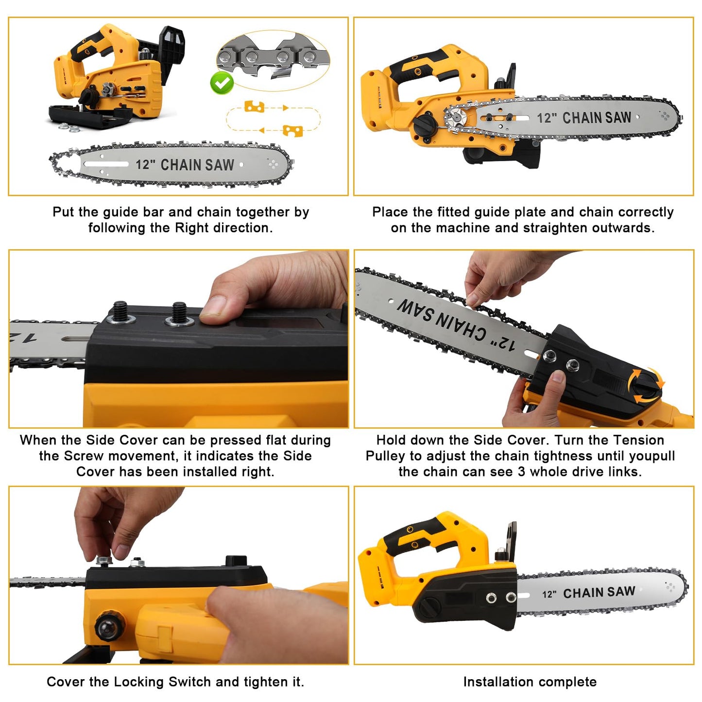 Brushless Chainsaw Compatible with Dewalt 20V Battery, 12 Inch Mini Chainsaw Cordless with 3 Chains and Security Lock Handheld Electric Chainsaw for Wood Cutting, Tree Trimming (No Battery)