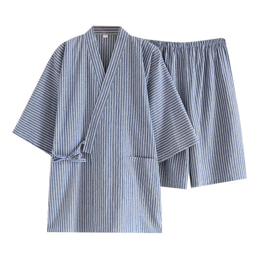 Classical Traditional Japanese Style Pajamas, Stylish Cotton Bathrobe Kimono Pajamas Casual Clothes for Men and Women, Blue Stripe, Multicolored, Medium
