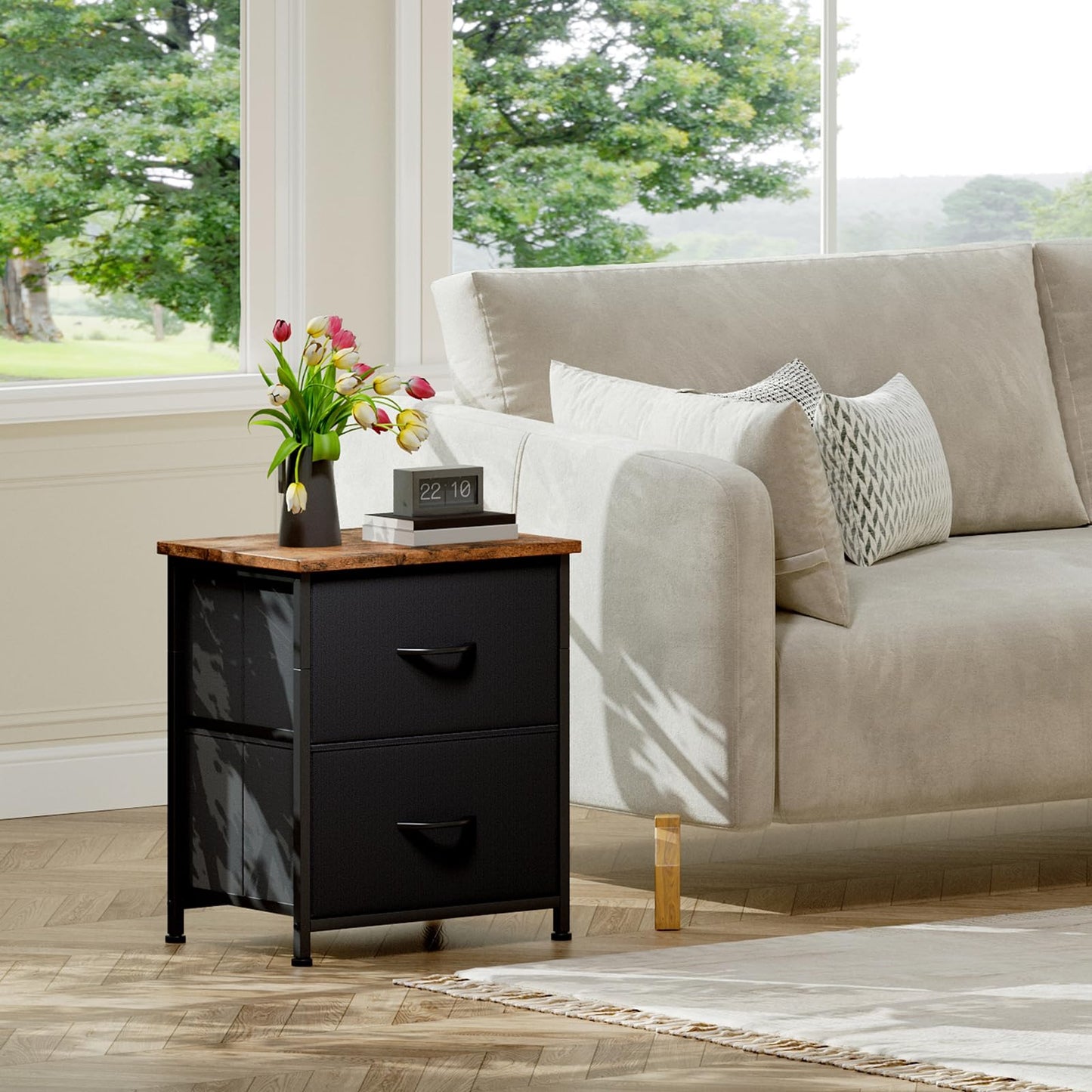 Somdot Nightstand with 2 Drawers, Small Bedside Table with Removable Fabric Bins for Bedroom, Nursery & Living Room - Sturdy Steel Frame, Wood Top, Black Rustic Brown