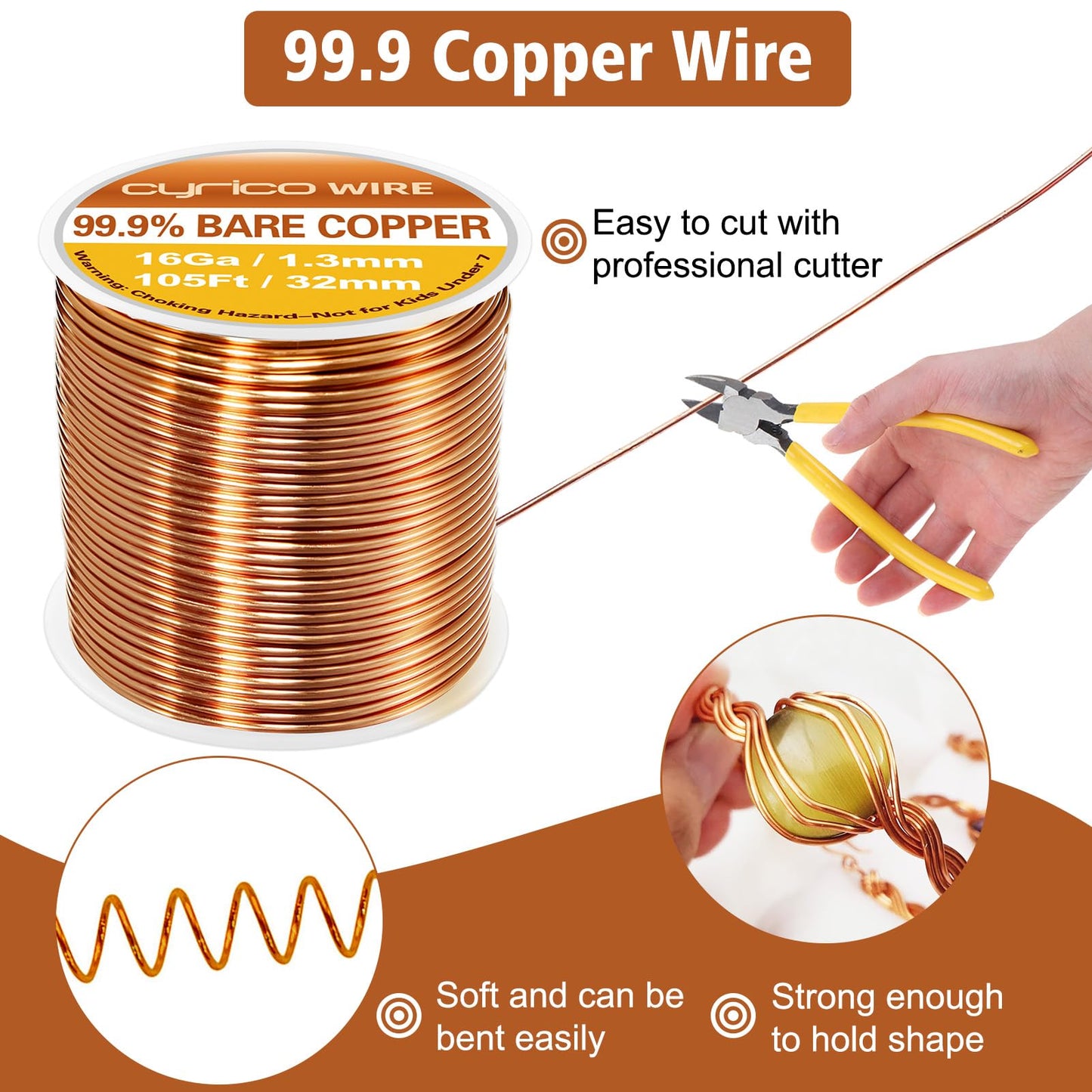 99.9% Pure Copper Wire, 16 Gauge 105 Feet Solid Bare Copper Wire for Jewelry Making Crafts, Electroculture Gardening Antenna, Cyrico Bendable Soft for Plants