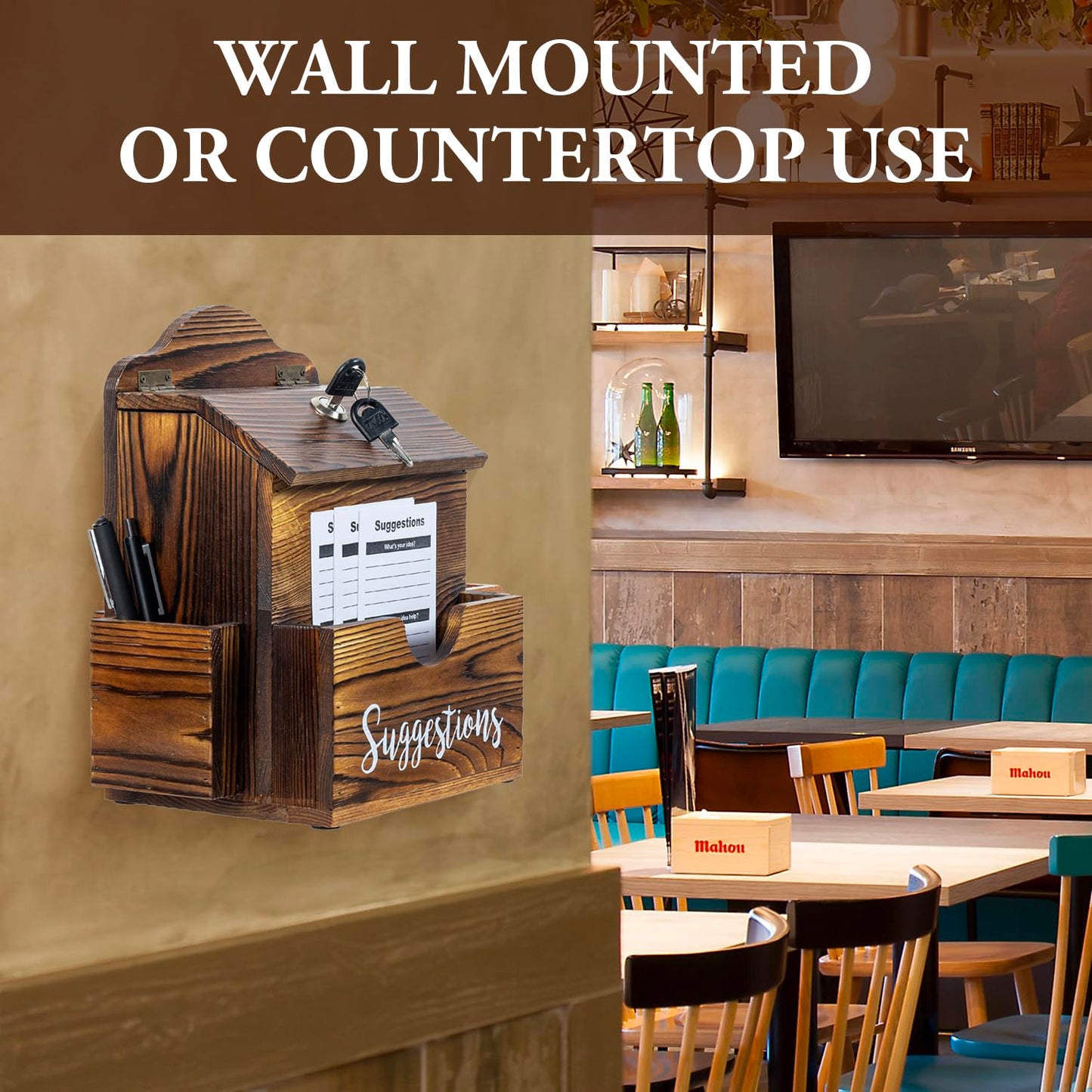 MyGift Suggestion Box with Slot and Lock, Donation Box for Fundraising, Complaint Case with Paper Sheet and Pen Holder Slots,Wall Mounted or Tabletop, Rustic Burnt Solid Wood