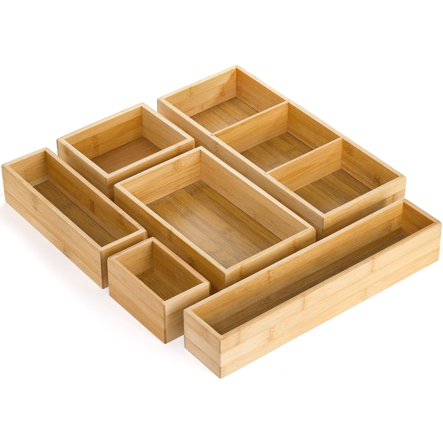 YOUEON Set of 6 Bamboo Drawer Organizers with Dividers Adjustable Multipurpose Storage Tray and Drawer Insert Box Bamboo Storage Boxes Divider Make-up Organiser for Home Office Kitchen Bedroom Desk