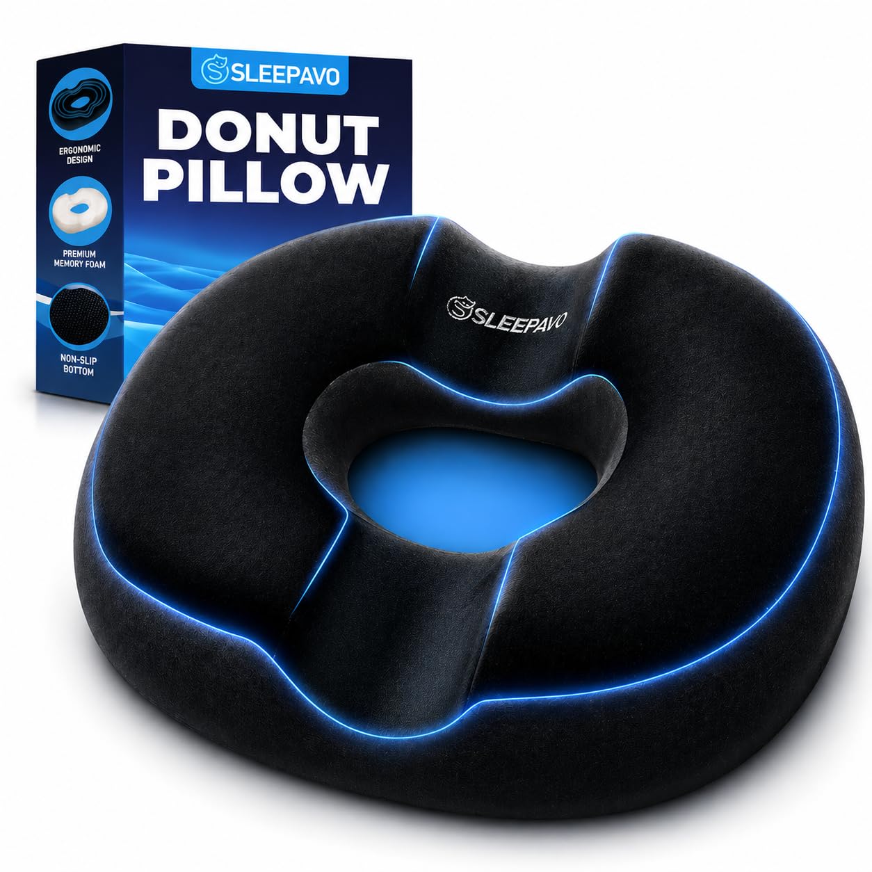 Sleepavo Butt Donut Pillow for Tailbone Pain Relief Cushion - Hemorrhoid Pillows - Sitting Butt Pillow for Office Chair, Travel, Car, Coccyx, Sciatica, Postpartum Pregnancy Sitting Donut Seat Cushion