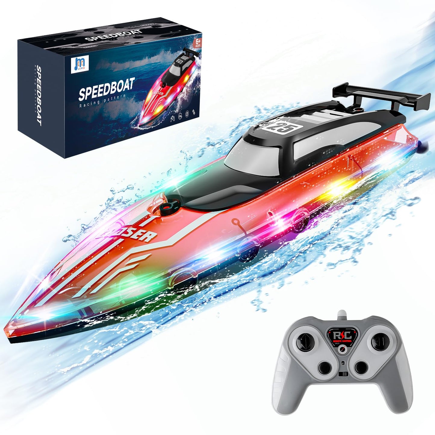 RC Boat with Dazzling LED Lights, 2.4Ghz Remote Control Racing Boats for Kids 8-12,Toy Water Boat for Pools and Lakes with Waterproof,Rechargeable Battery, for Boys Girls RED