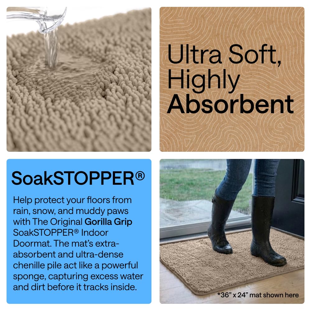 GORILLA GRIP Ultra Absorbent Grippy Doormat for Muddy Dog Paws, 60x36 Machine Washable Soak Stopper Rugs Cleaner Floors, Bed Mat for Dirty Dogs, Indoor Entrance Door Rug Pet Bed Mats Beige