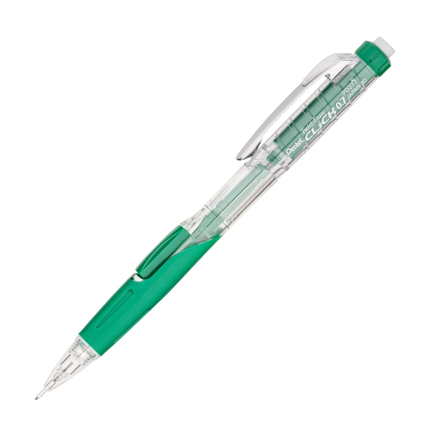 Pentel Twist-Erase Click Mechanical Pencil with Side Click Lead Advance, 0.7mm Medium Point, Large Retractable Eraser, Green Barrel, PD277TD, Box of 12