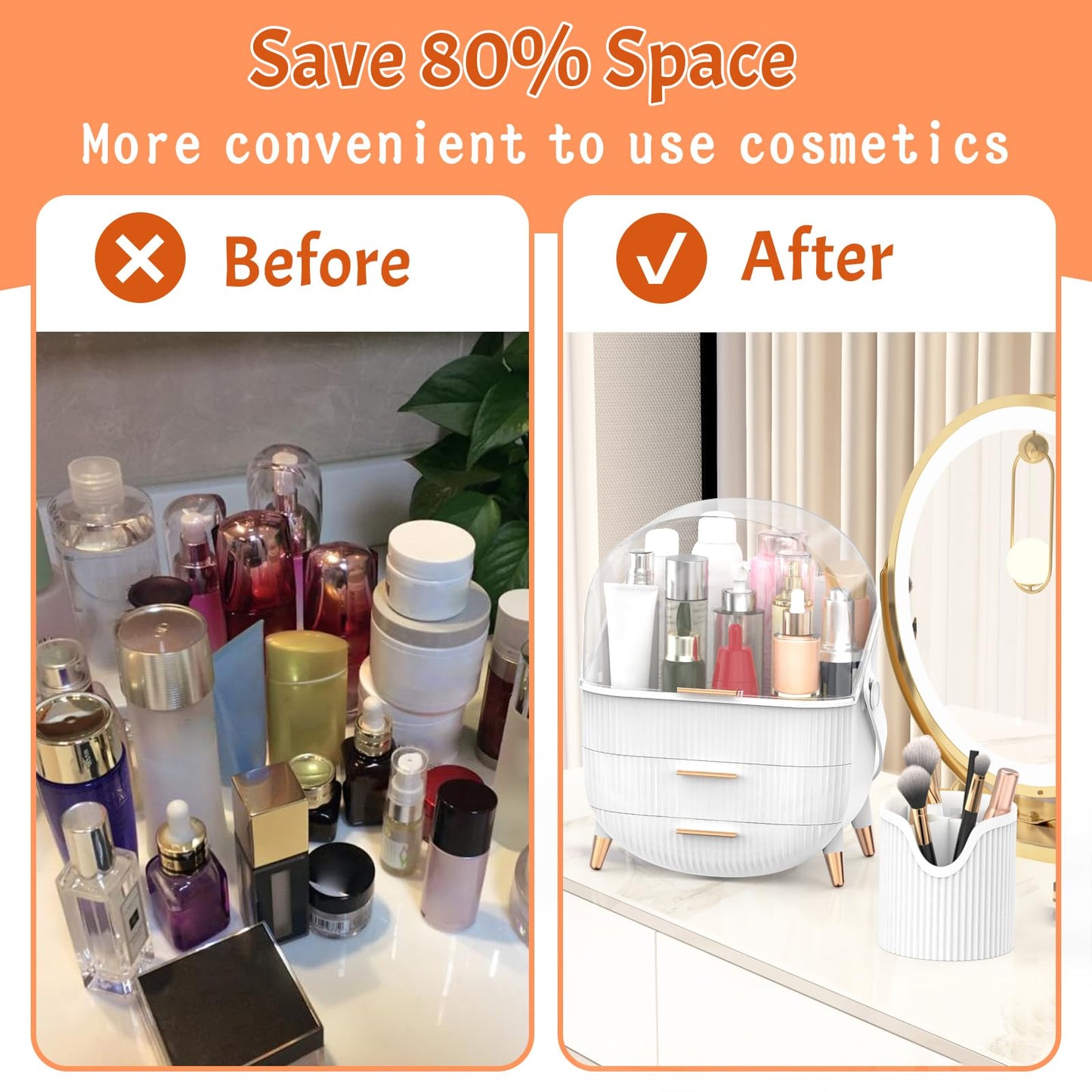 Forthee Makeup Organizer, Cosmetics Organizer Display Case with Two Drawers and Brush Storage Box, Skincare Organizer Box Suitable for Bathroom Countertop and Bedroom Vanity Dresser (White)