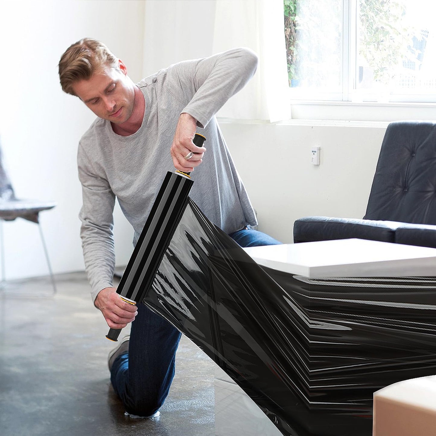 Origuuds Stretch Film, 80 Gauge Stretch Wrap with Handles, Industrial Strength Plastic Wrap for Moving, Pallet Wrap, Luggage, Furniture Wrapping, Packing (Black/15 Inch x 1000 Feet, 2 Roll)