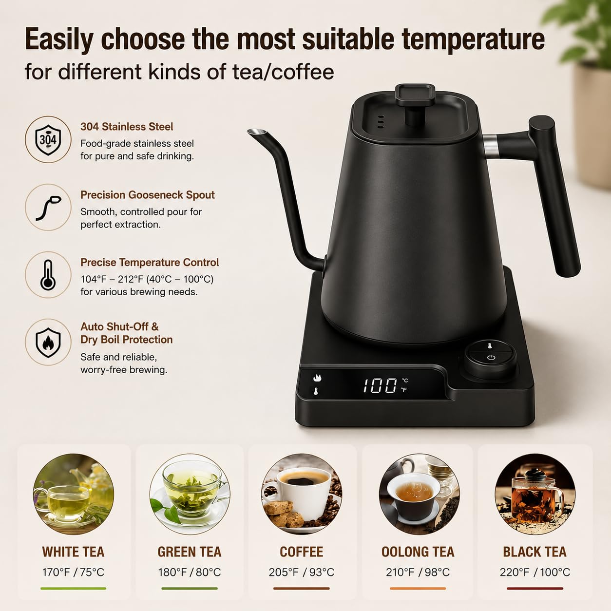 VICBINLY Electric Gooseneck Kettle, 1.0L Pour Over Kettle and Coffee Kettle, 100% Stainless Steel Inner Lid and Bottom, 1200 Watt Quick Heating, Matte Black TKBK02G