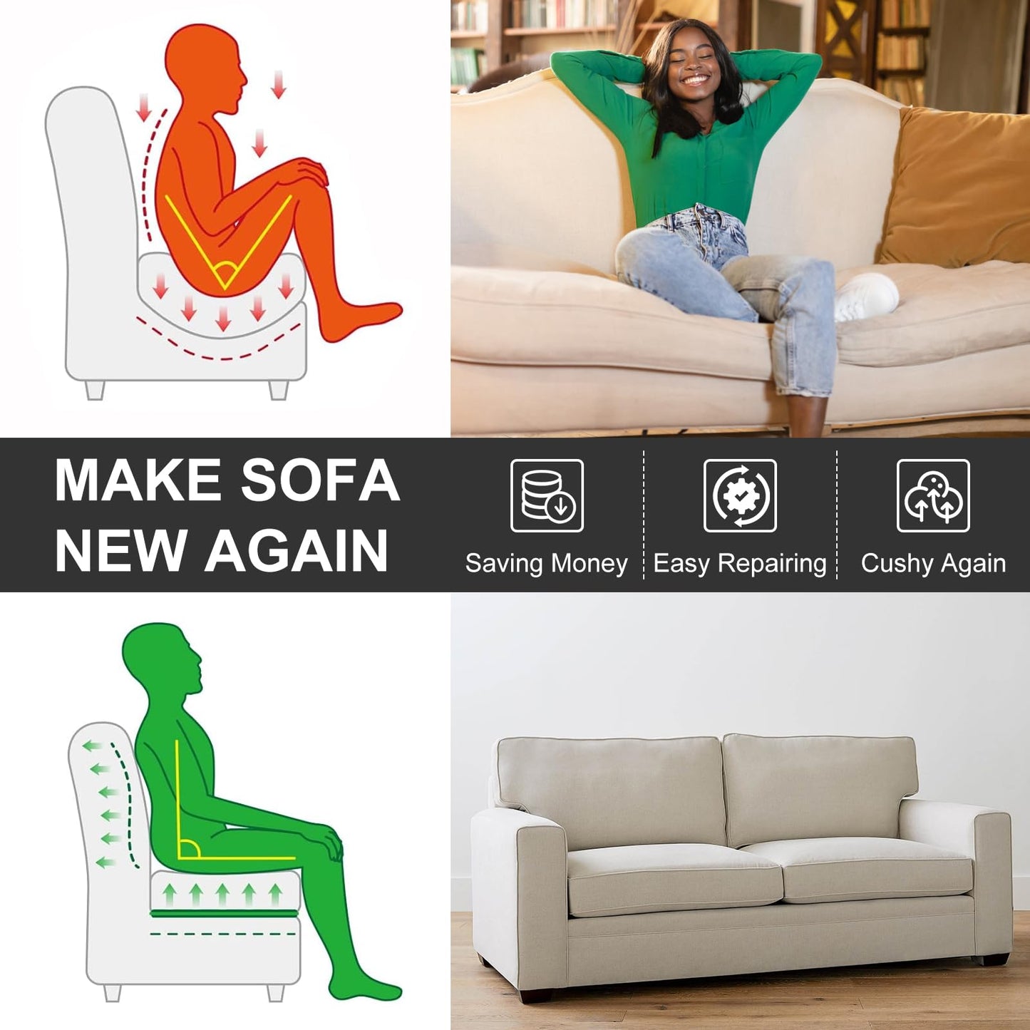 HAVARGO Couch Cushion Support High Density Foam 24X24X2.4 Inches Sofa Couch Supports for Sagging Cushions Light Grey 3Pc