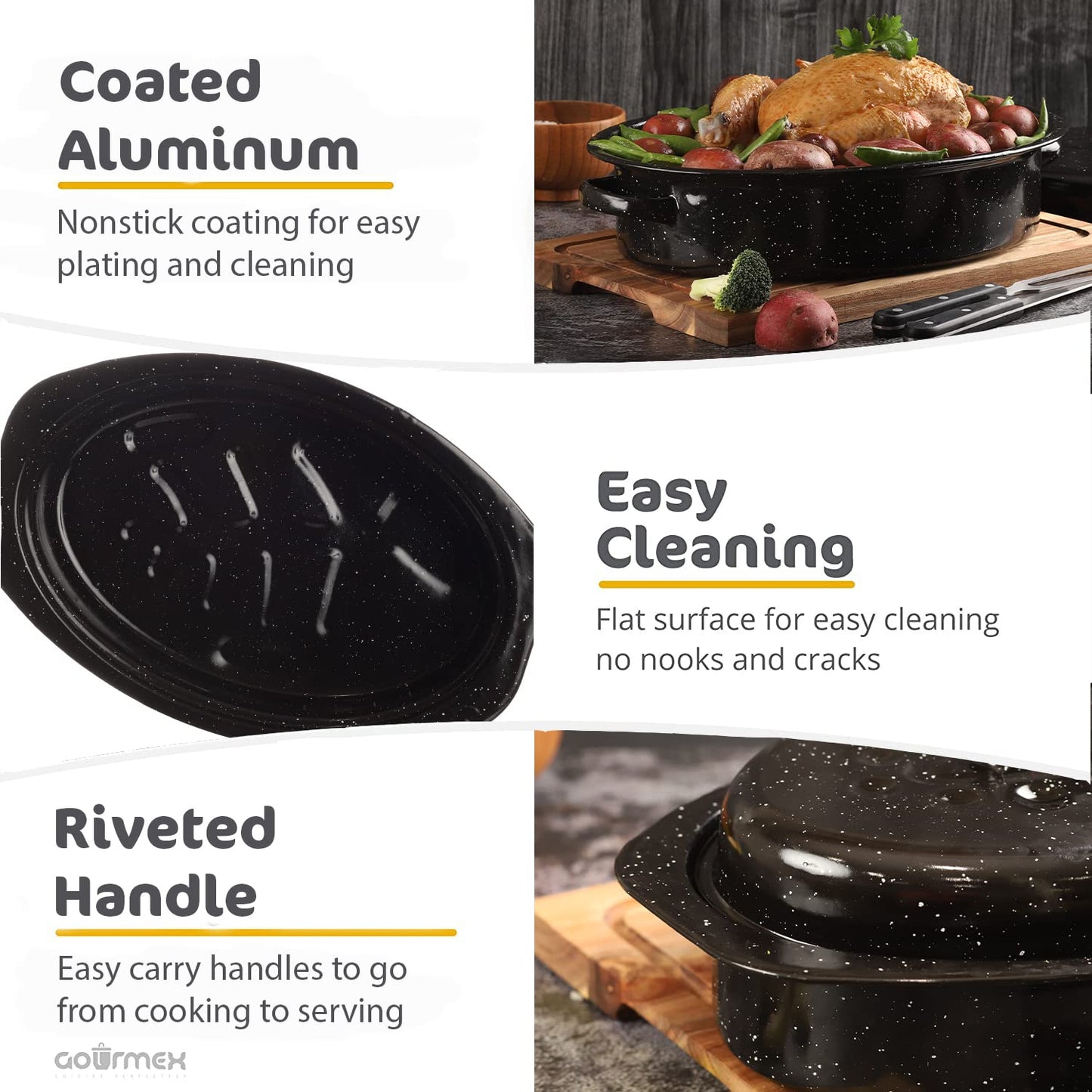 GOURMEX 22lb Oval Black Ceramic Enamel Coated Roasting Pan | Dutch Oven Pot With Lid | Dishwasher Safe, Oven Safe, Freezer Safe | Ideal For Chicken, Turkey Roasting Pan