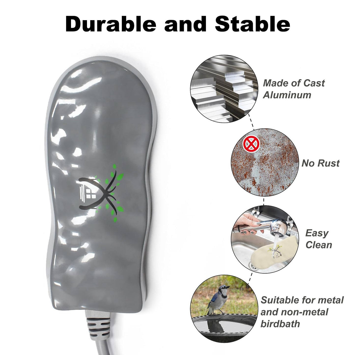 GESAIL Birdbath Deicer, Waterproof Birdbath Heater for Outdoor in Winter with Thermostatically Controlled, Constructed of Cast Aluminum Immersion Deicer for Garden Patio Yard and Lawn, 50 Watt, Grey