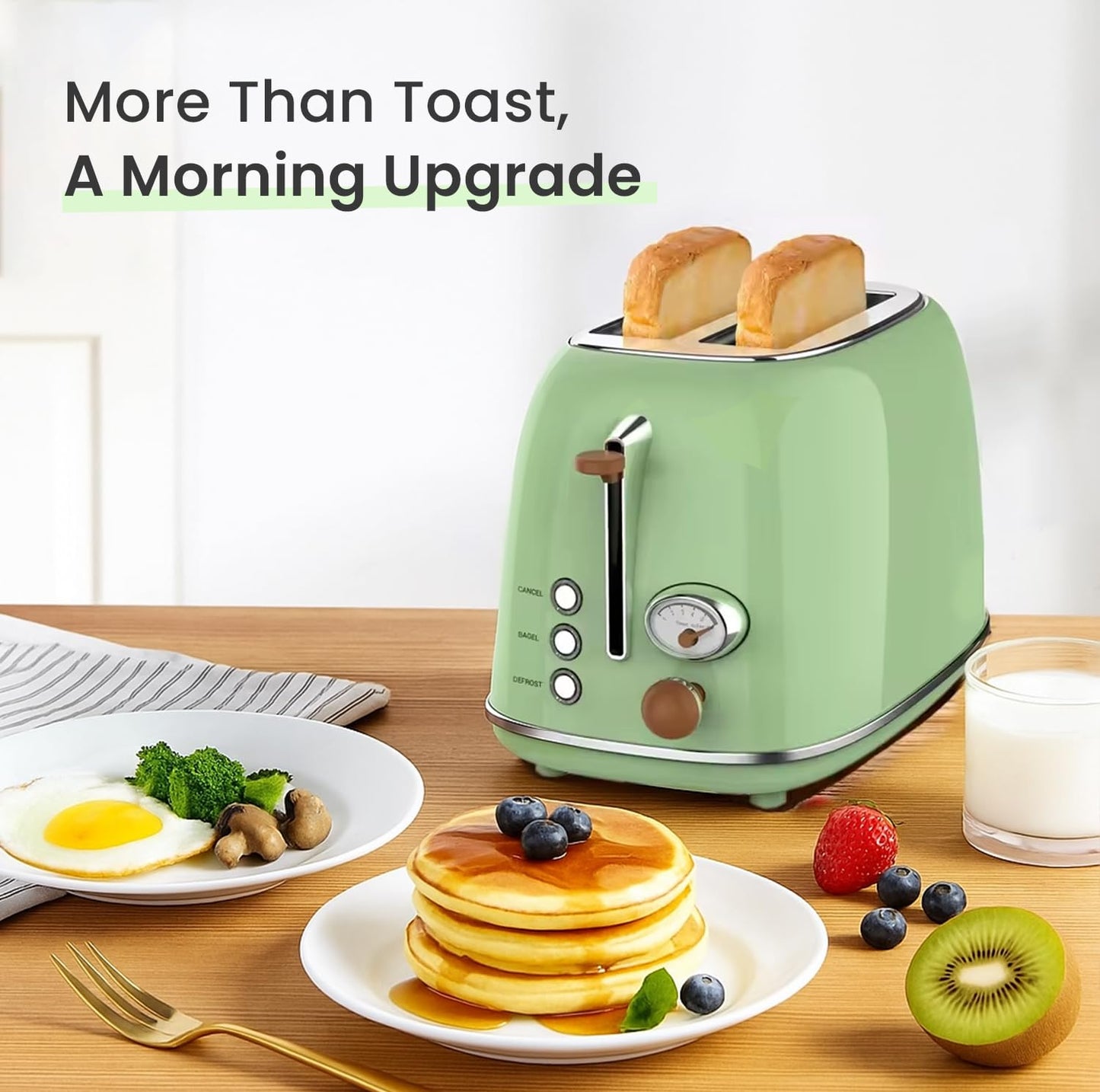 BLITZ Retro 2-Slice Stainless Steel Toaster, Cream Finish – Adjustable 6 Browning Levels, 1.5-Inch Extra-Wide Slots, Bagel/Defrost/Cancel Functions, and Removable Crumb Tray (Retro-Green)