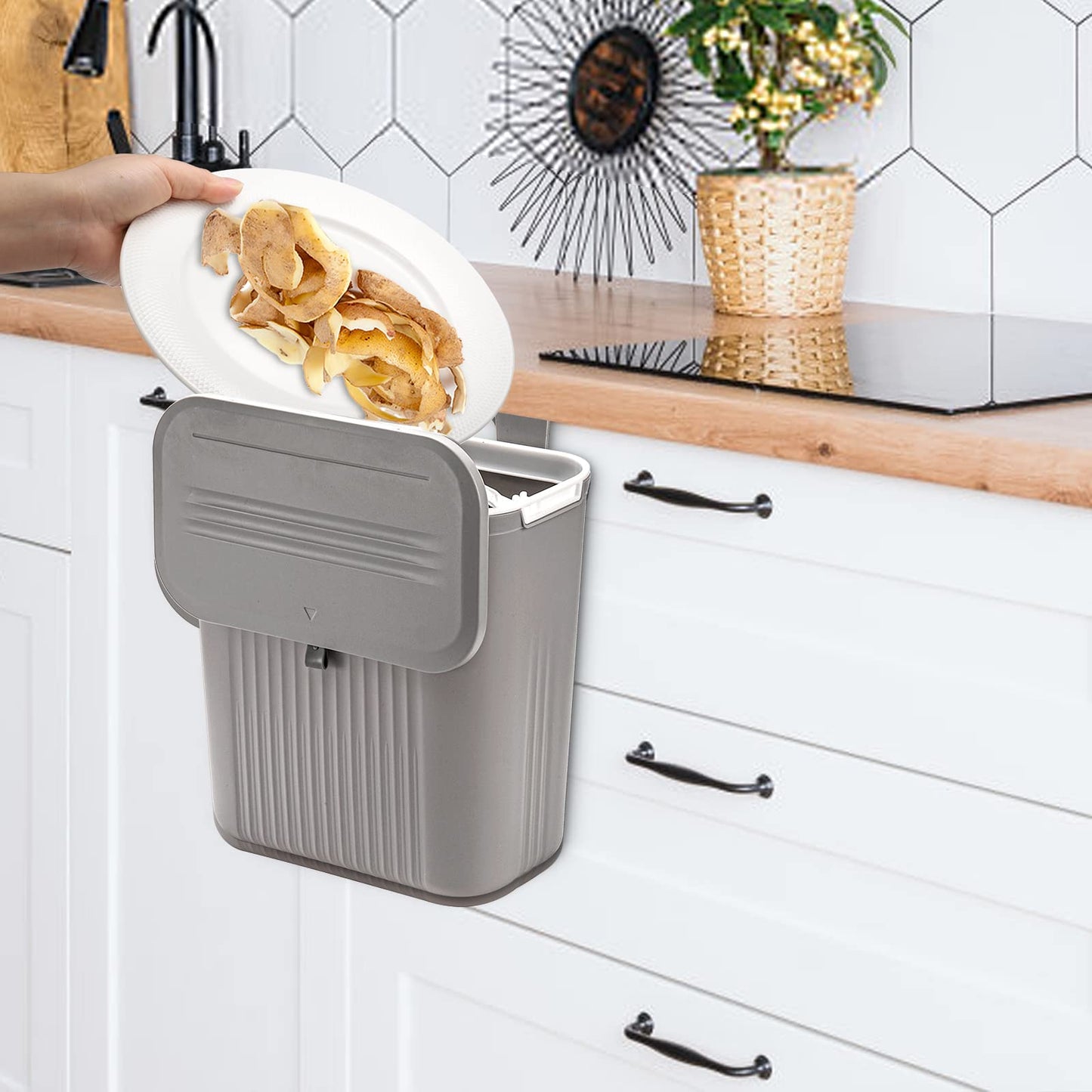 Frcctre 2 Pack Compost Bin for Kitchen, 2.4 Gallon/9L Hanging Trash Can with Lid Garbage Can for Countertop or Under Sink, Wall Mounted Counter Waste Bin for Kitchen Bathroom Bedroom Office
